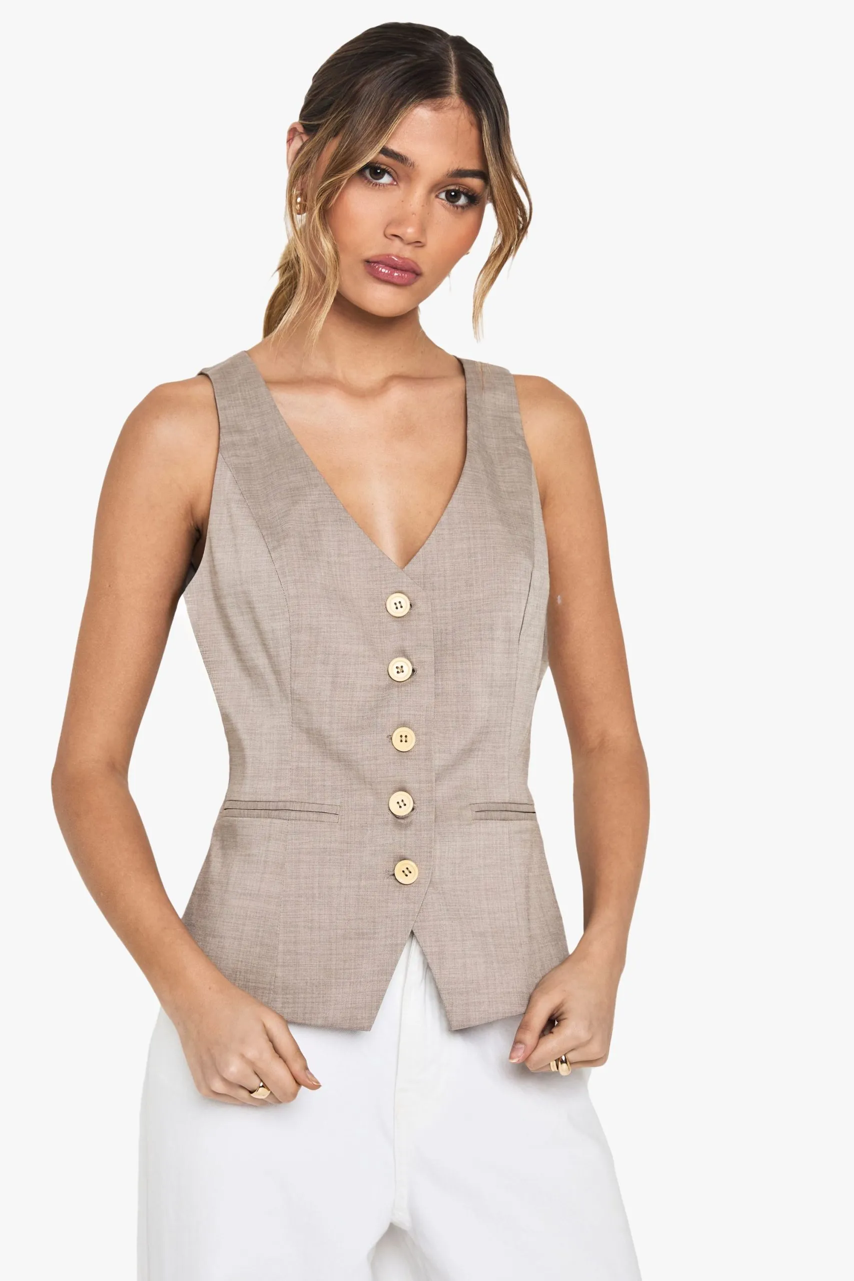 Wooden Button Fitted Tailored Waistcoat