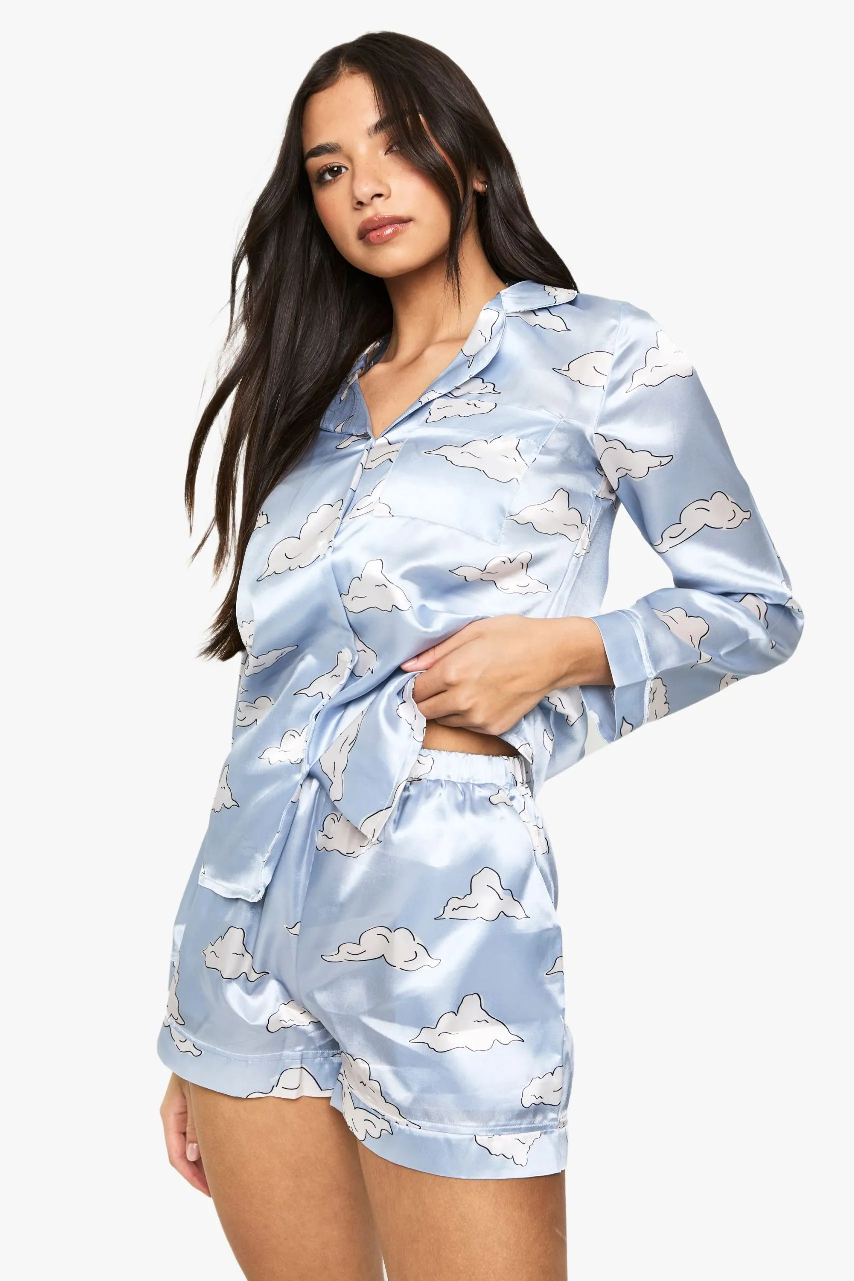 Cloud Print Satin Long Sleeve Shirt & Shorts Pyjama Set
