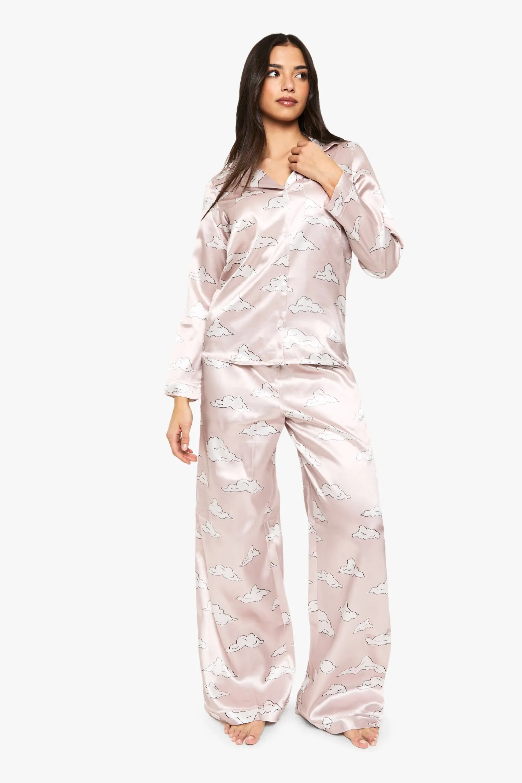 Cloud Print Satin Long Sleeve Shirt & Trousers Pyjama Set