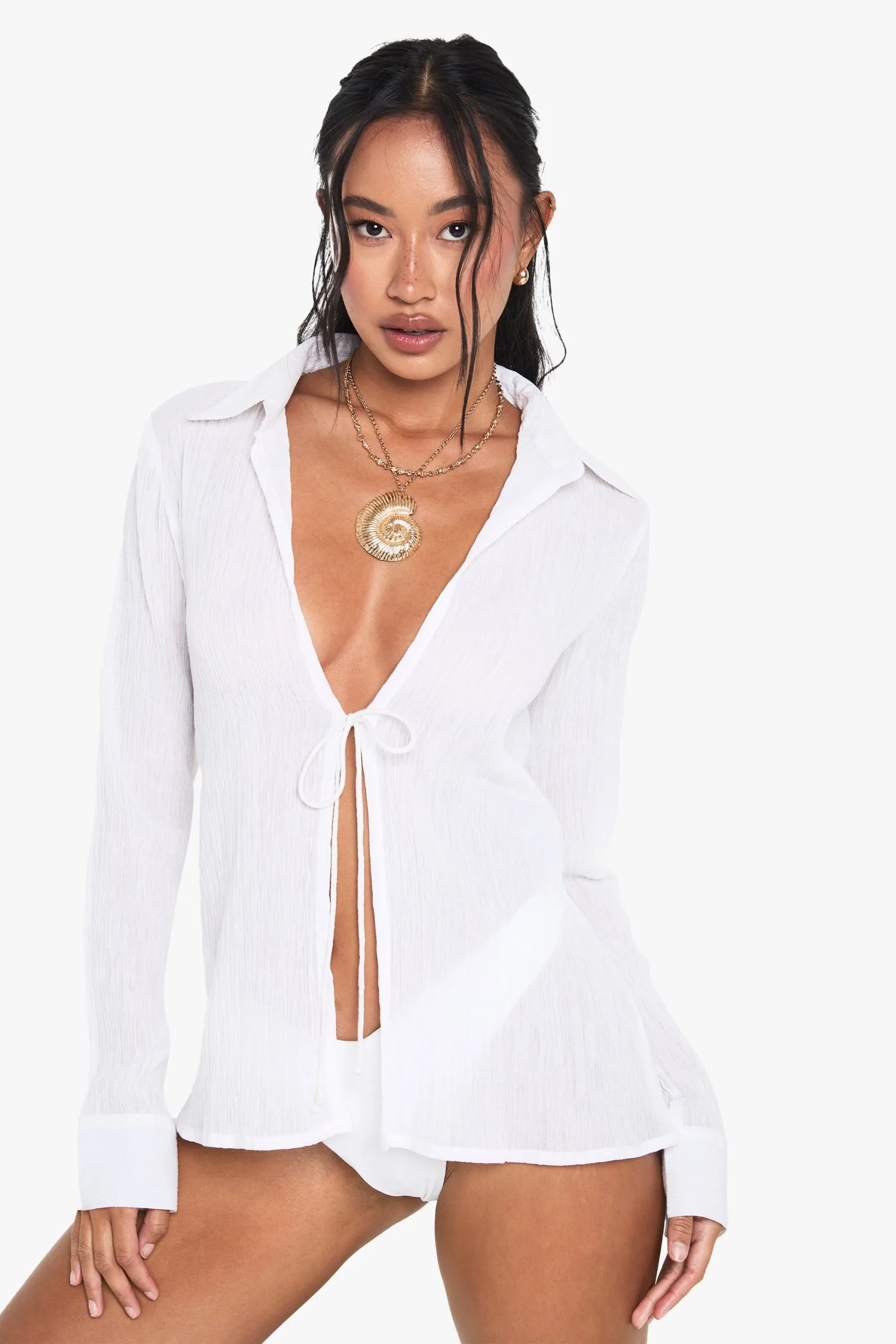 Crinkle Cotton Beaded Beach Shirt