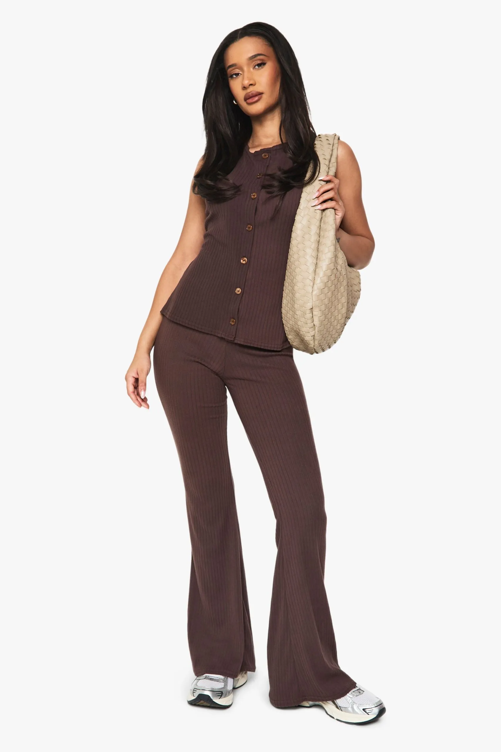 Rib Button Through Sleeveless Top and Trouser Set