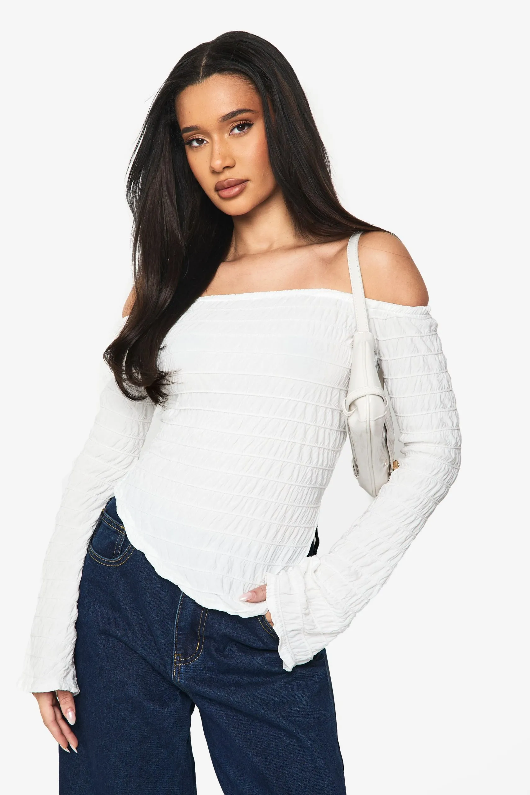 Textured Asym Neck Long Sleeve Top