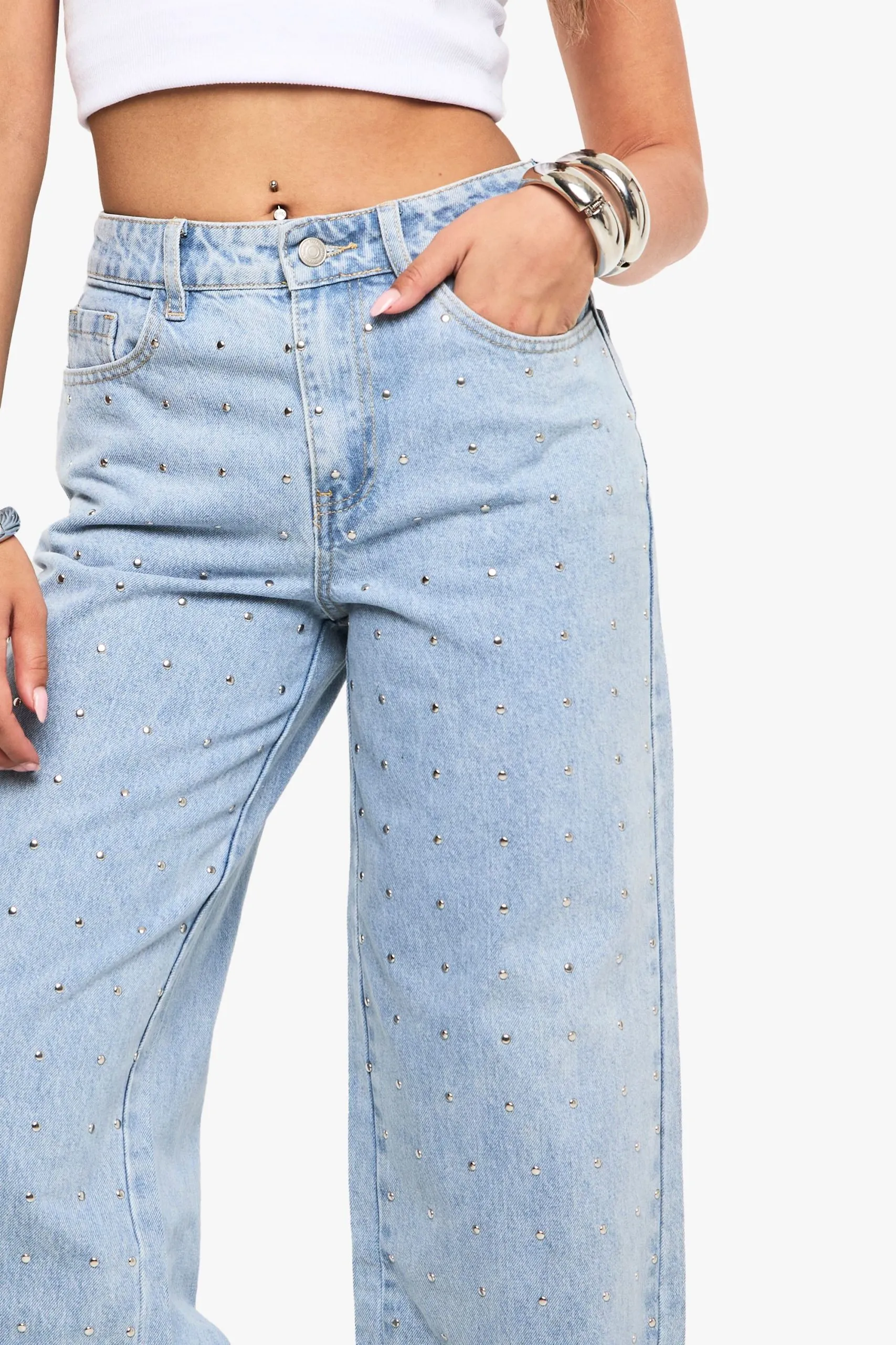 High Waist Studded Wide leg Jeans