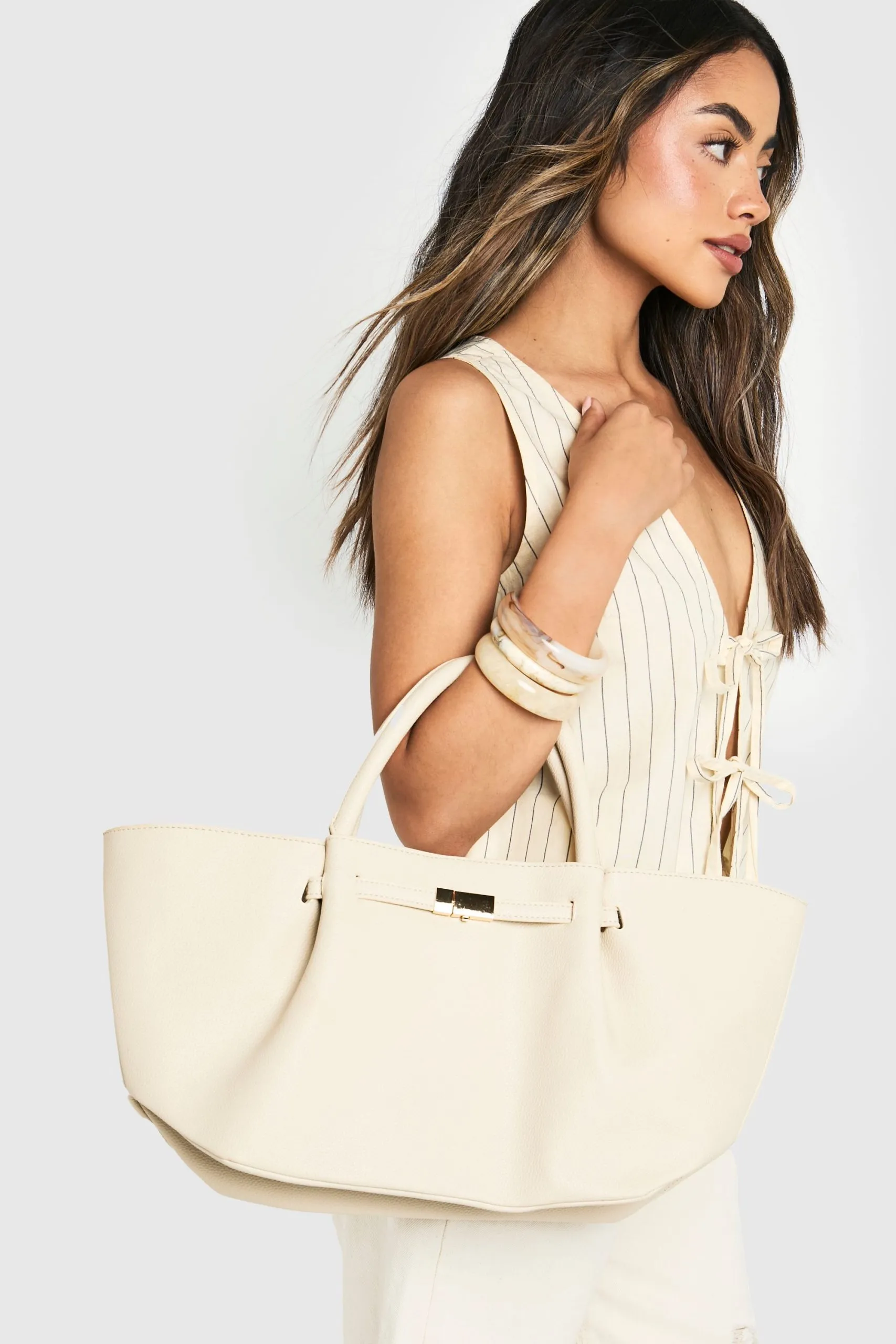 Clasp Detail Textured PU Tote Bag