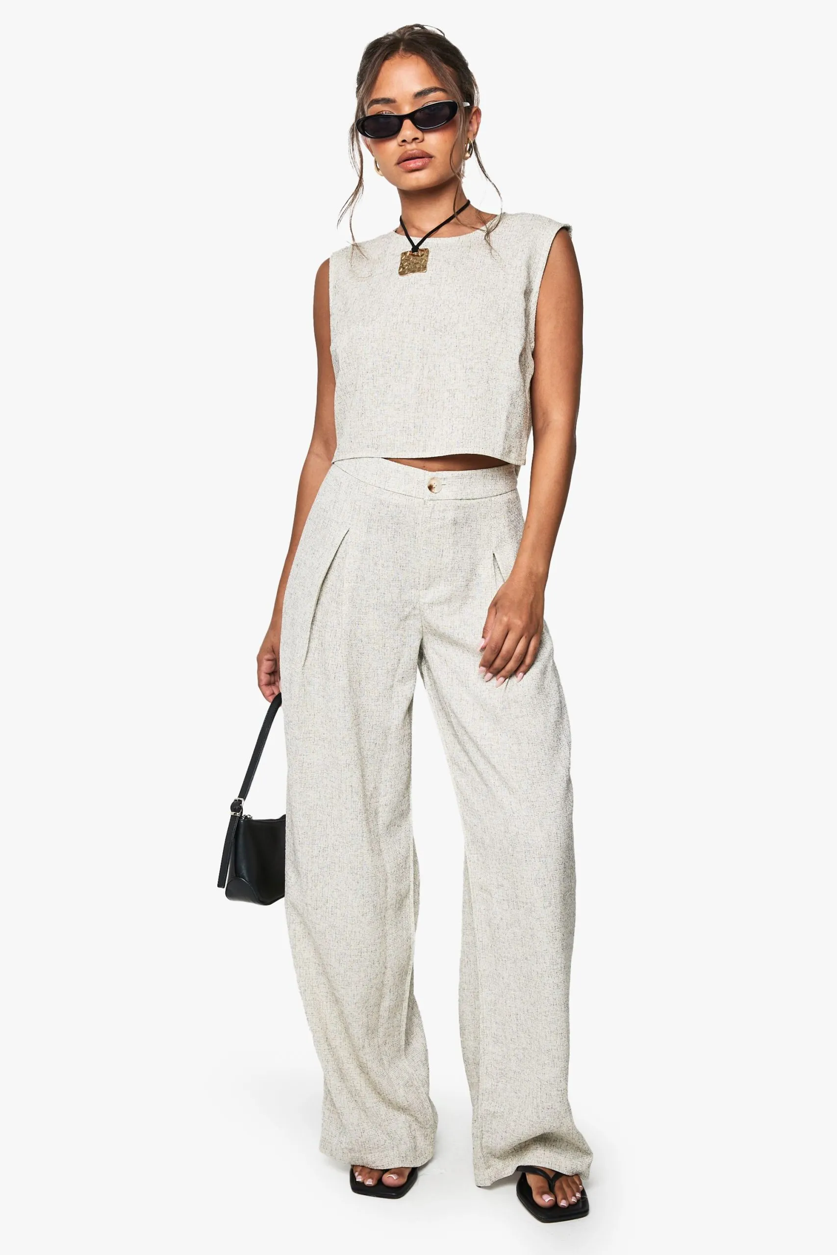 Woven Textured Tailored Wide Leg Trouser