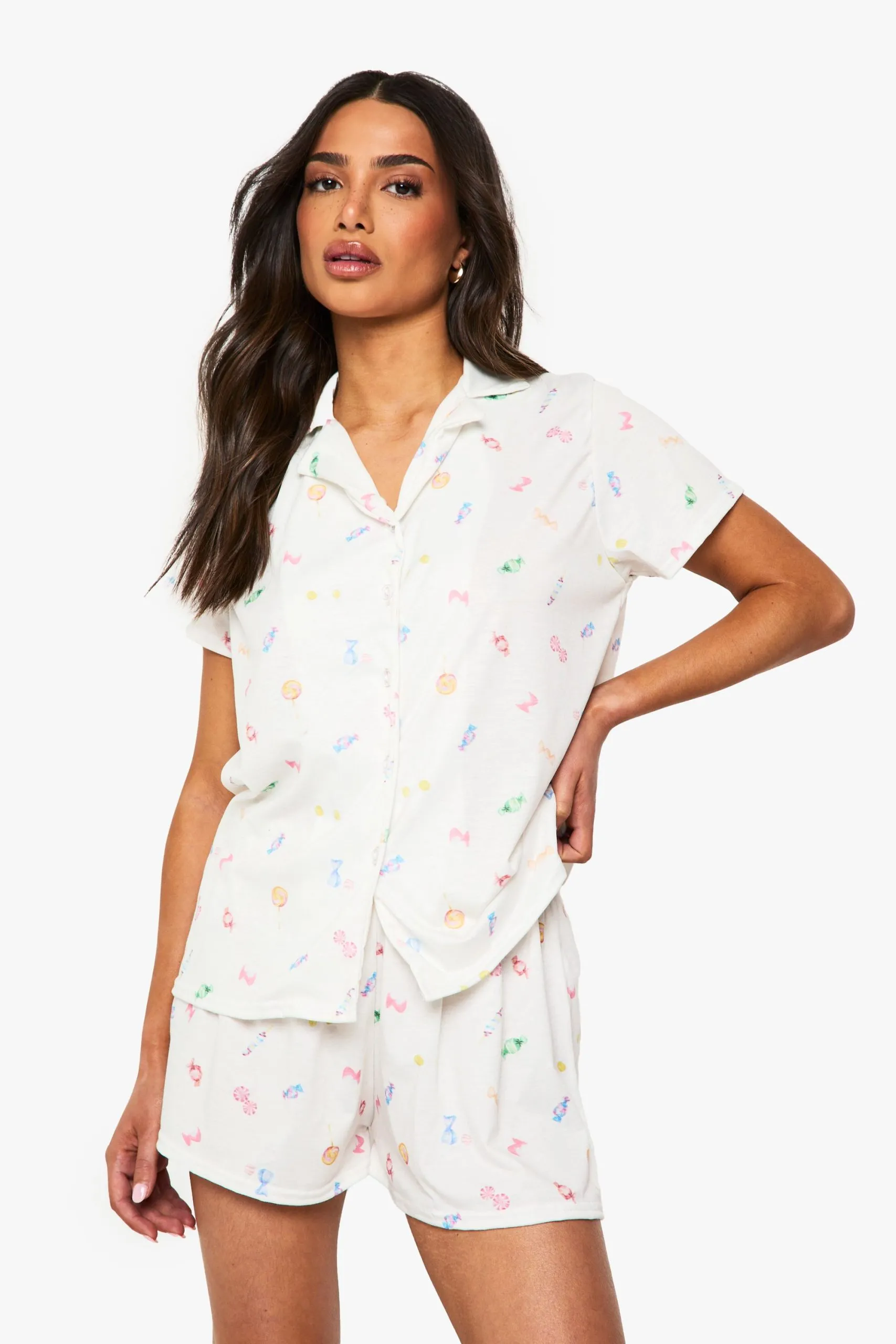 Petite Sweet Print Short Sleeve Shirt & Shorts Pyjama Set
