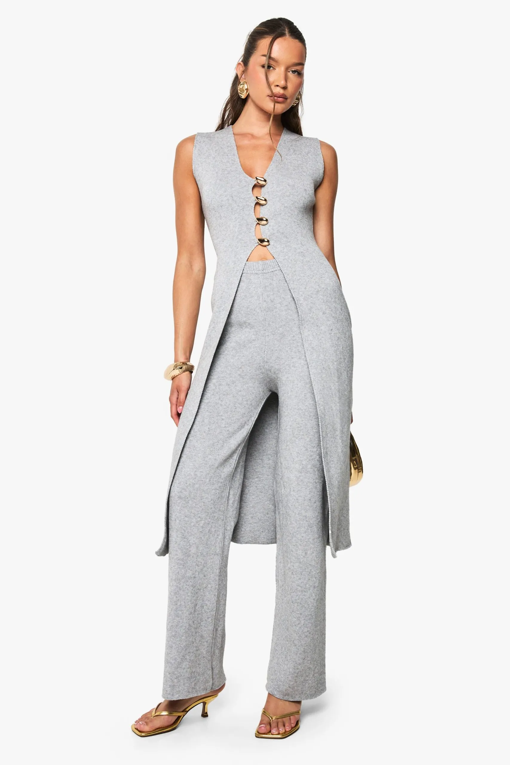 Gold Button Detail Longline Knitted Waistcoat and Wide Leg Trouser Co-Ord