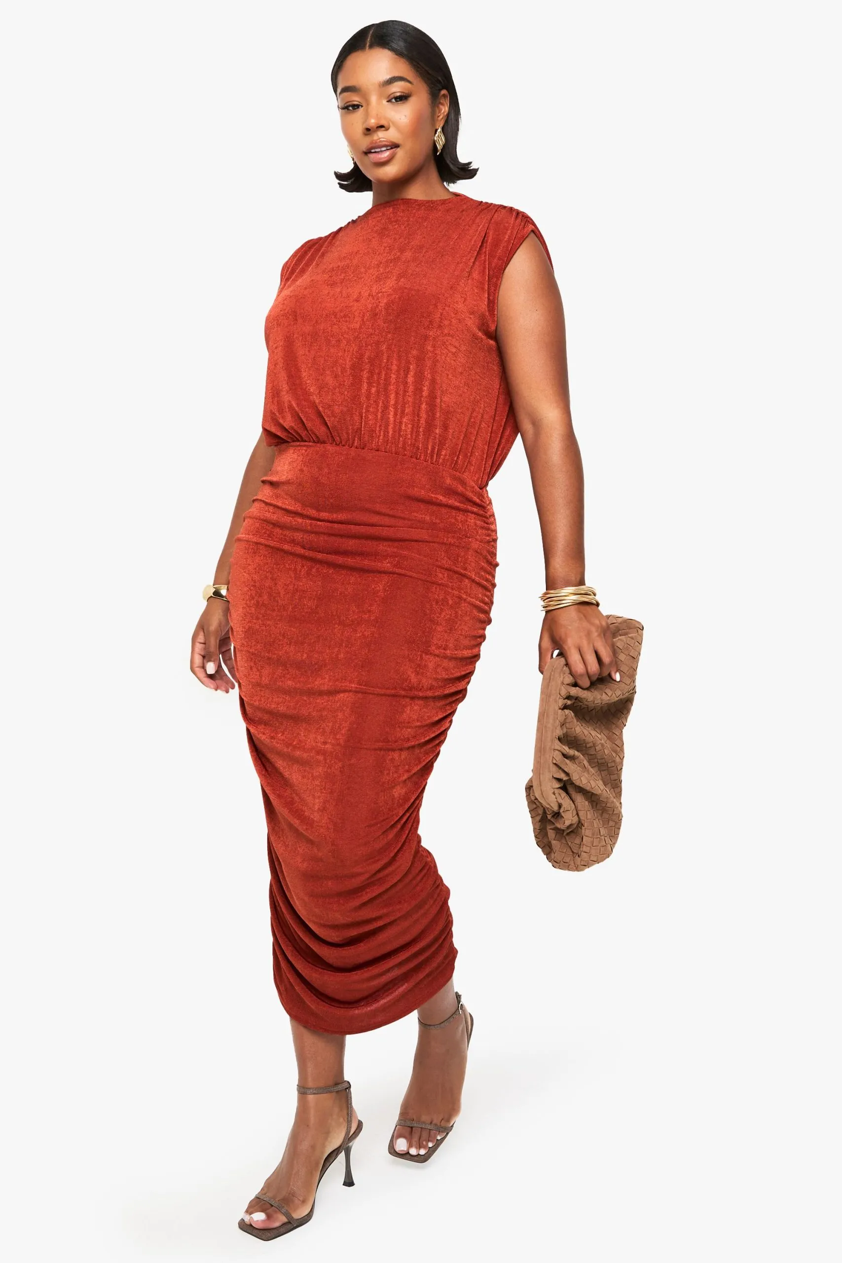 Plus Textured Slinky Rouched Midaxi Dress