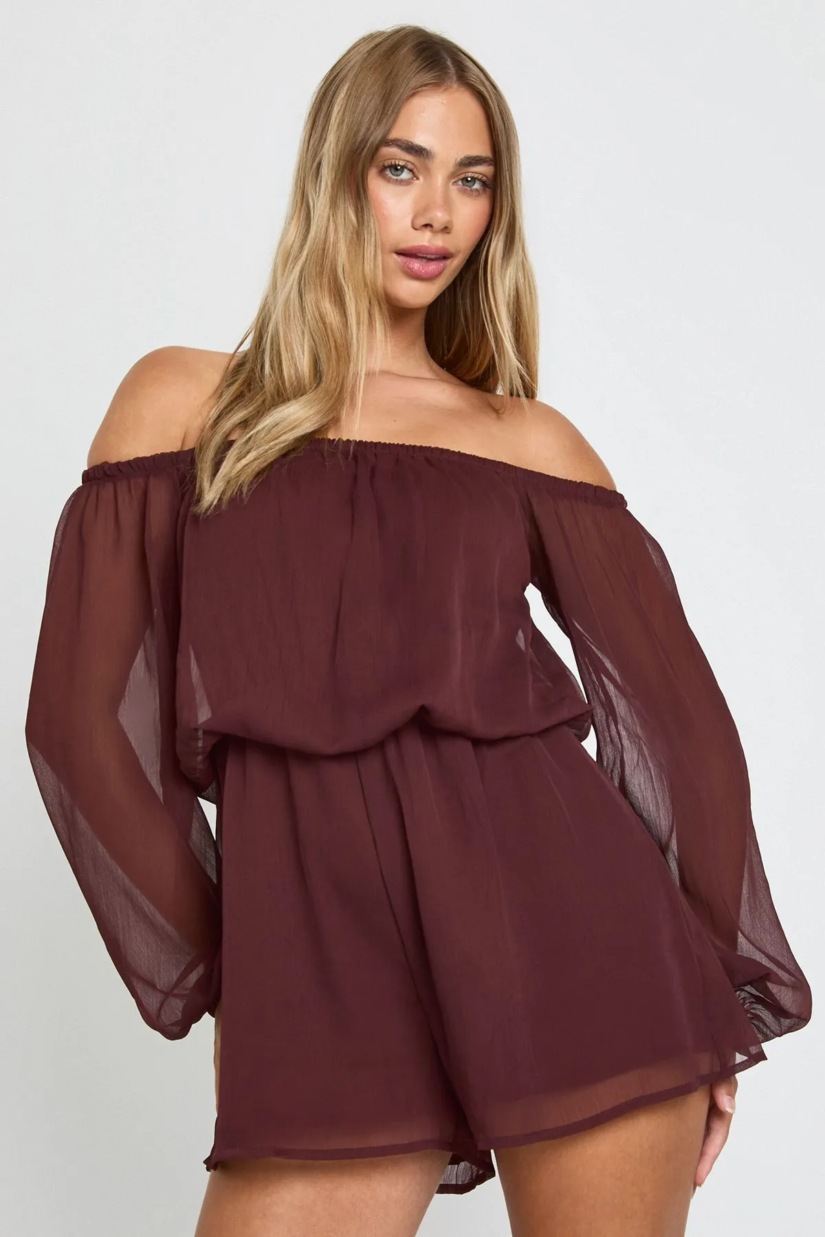 Chiffon Bardot Sleeve Aymmstric Playsuit