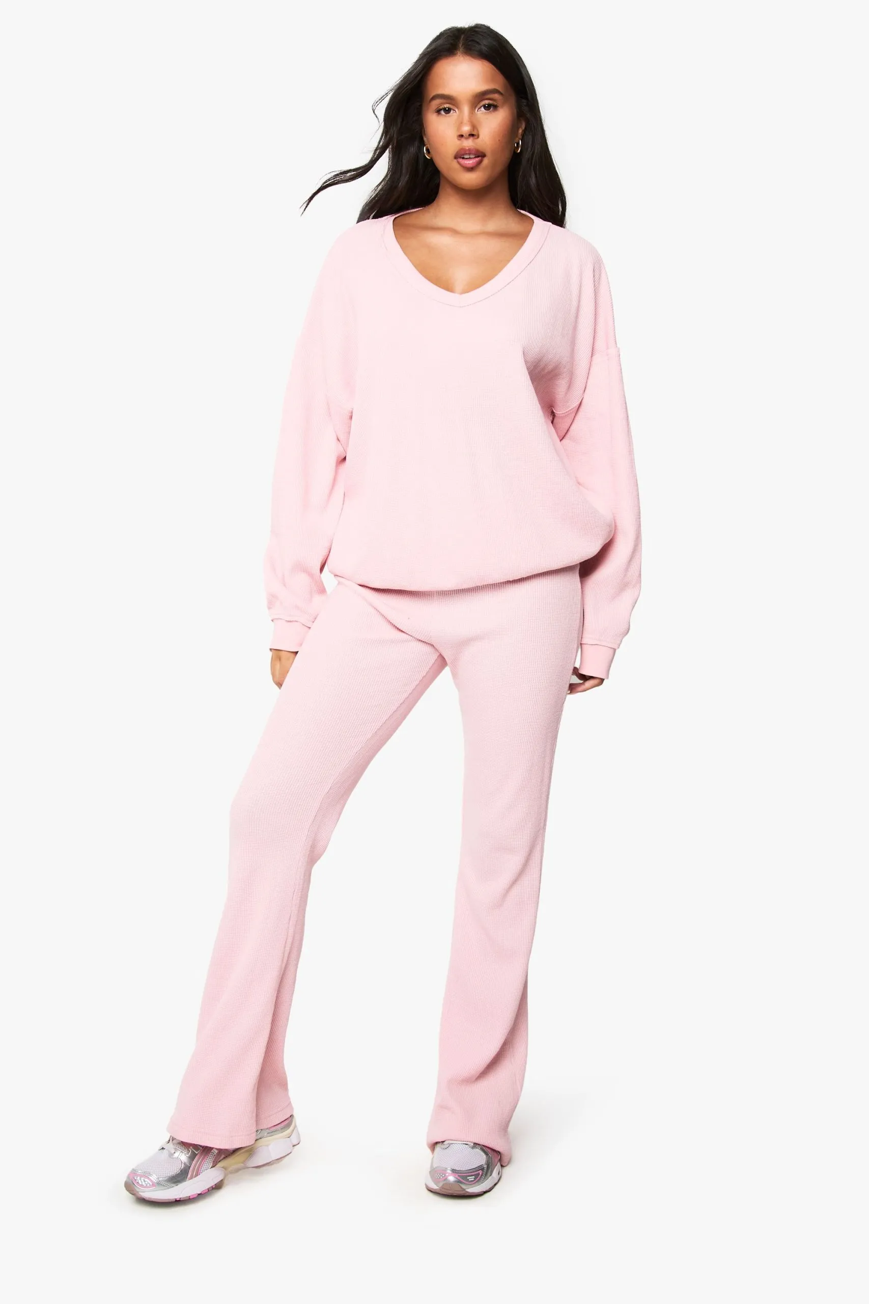 Waffle V Neck Slouchy Jumper and Flared Jogger Tracksuit