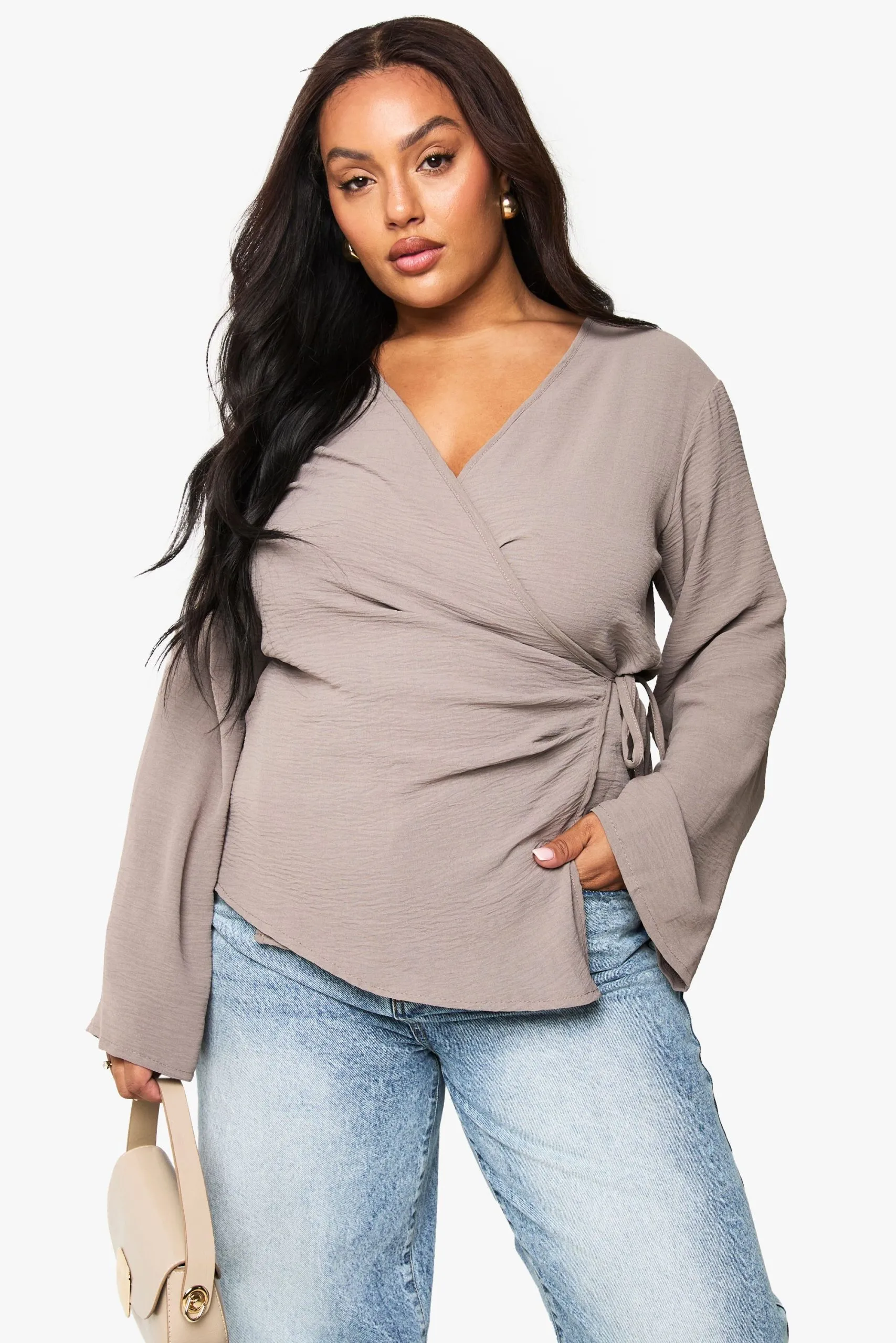 Plus Long Sleeve Asymetric Tie Front Shirt