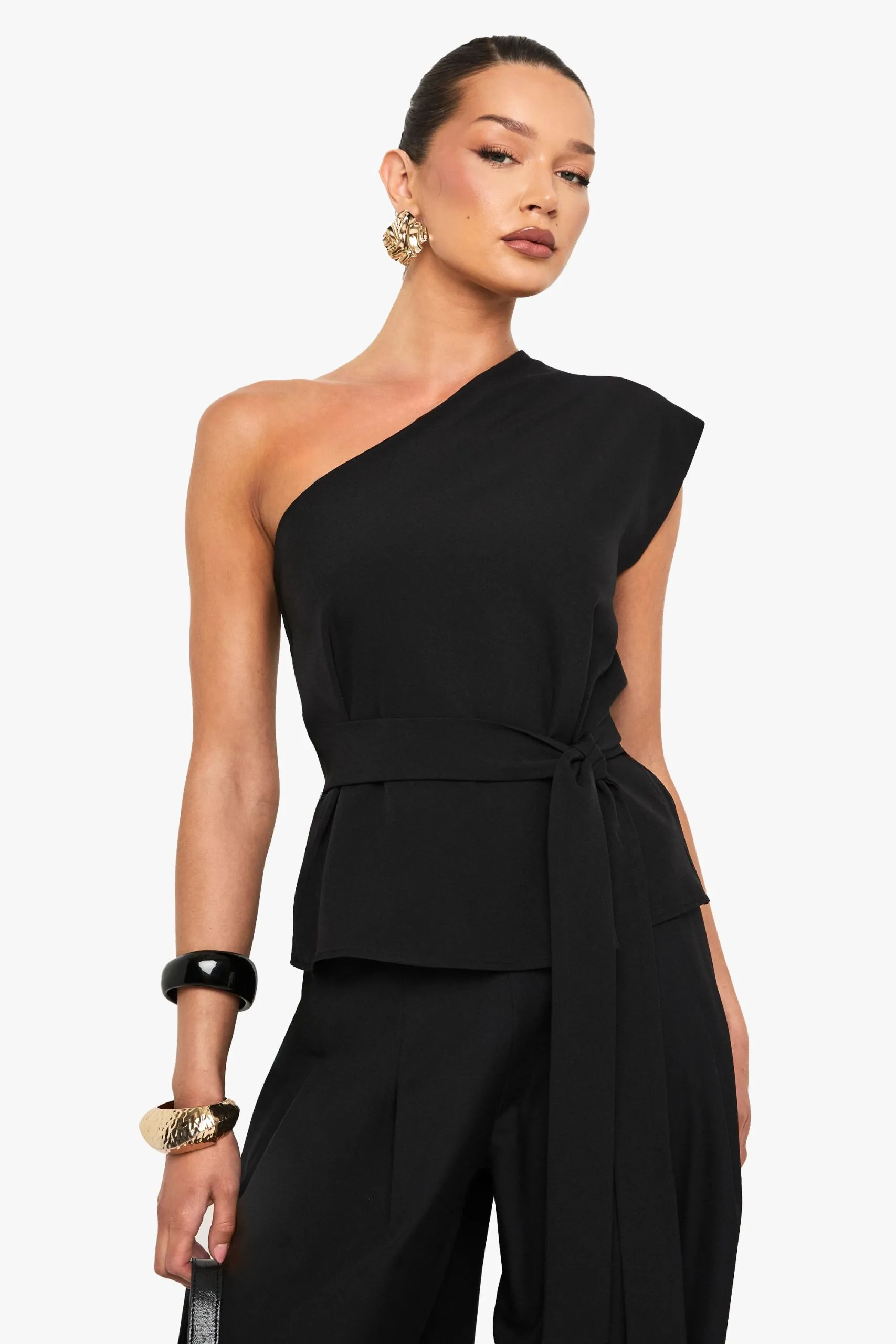 Woven Hammered One Shoulder Belted Top