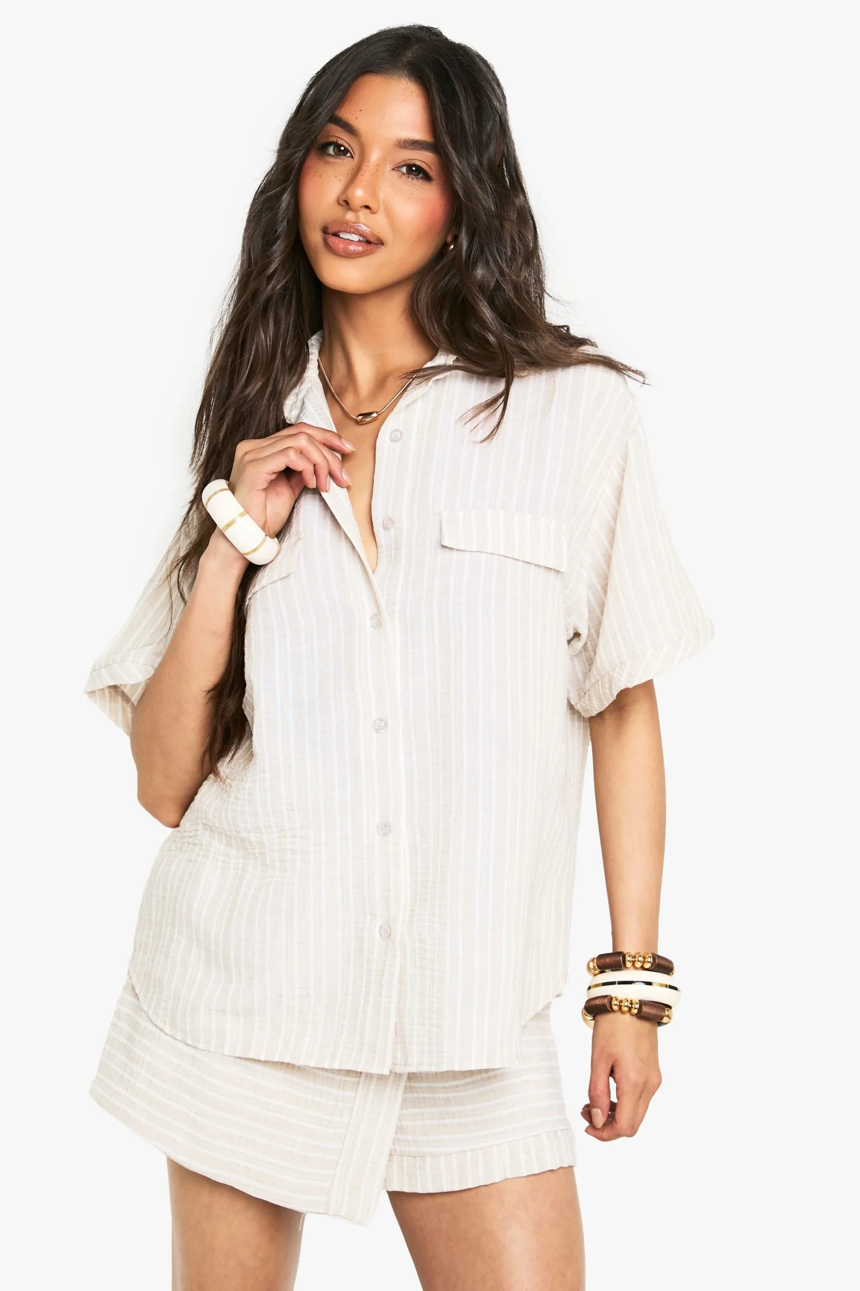 Woven Linen Look Striped Short Sleeve Shirt
