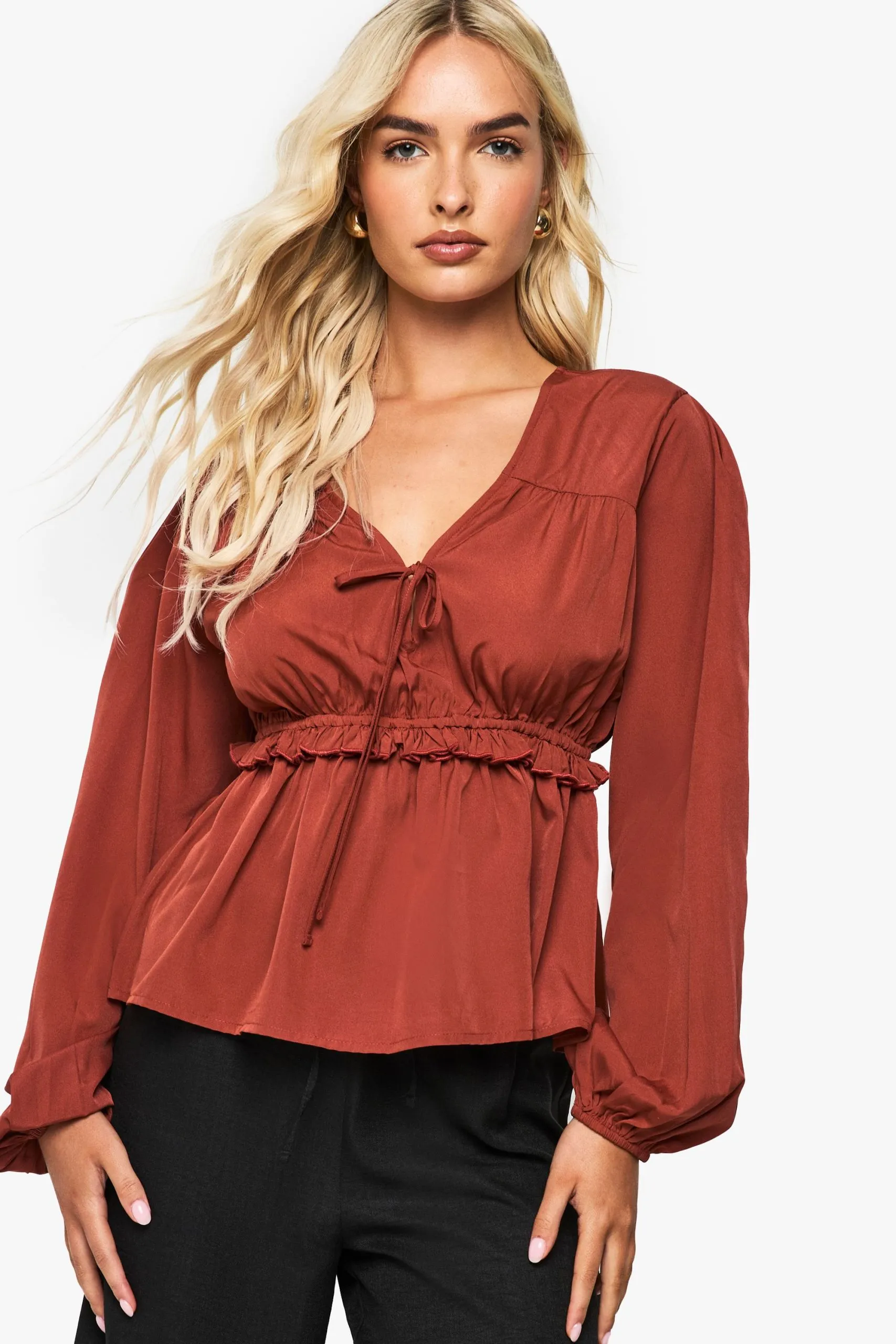Woven Tie Front Peplum Blouse