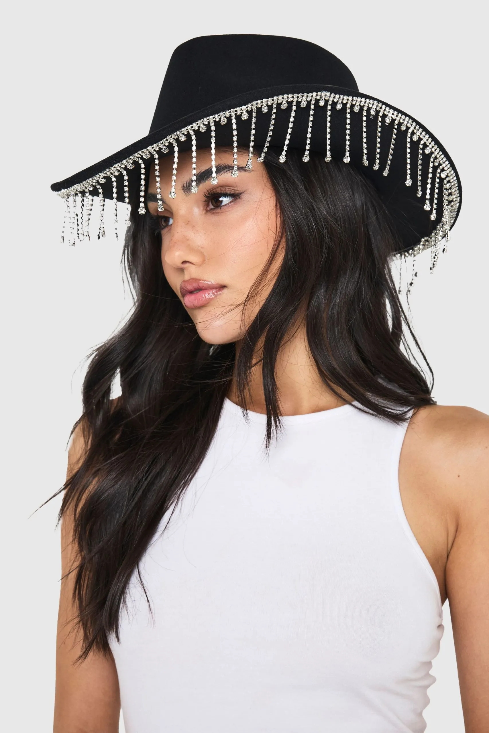 Black Diamante Tassel Trim Cowboy Hat