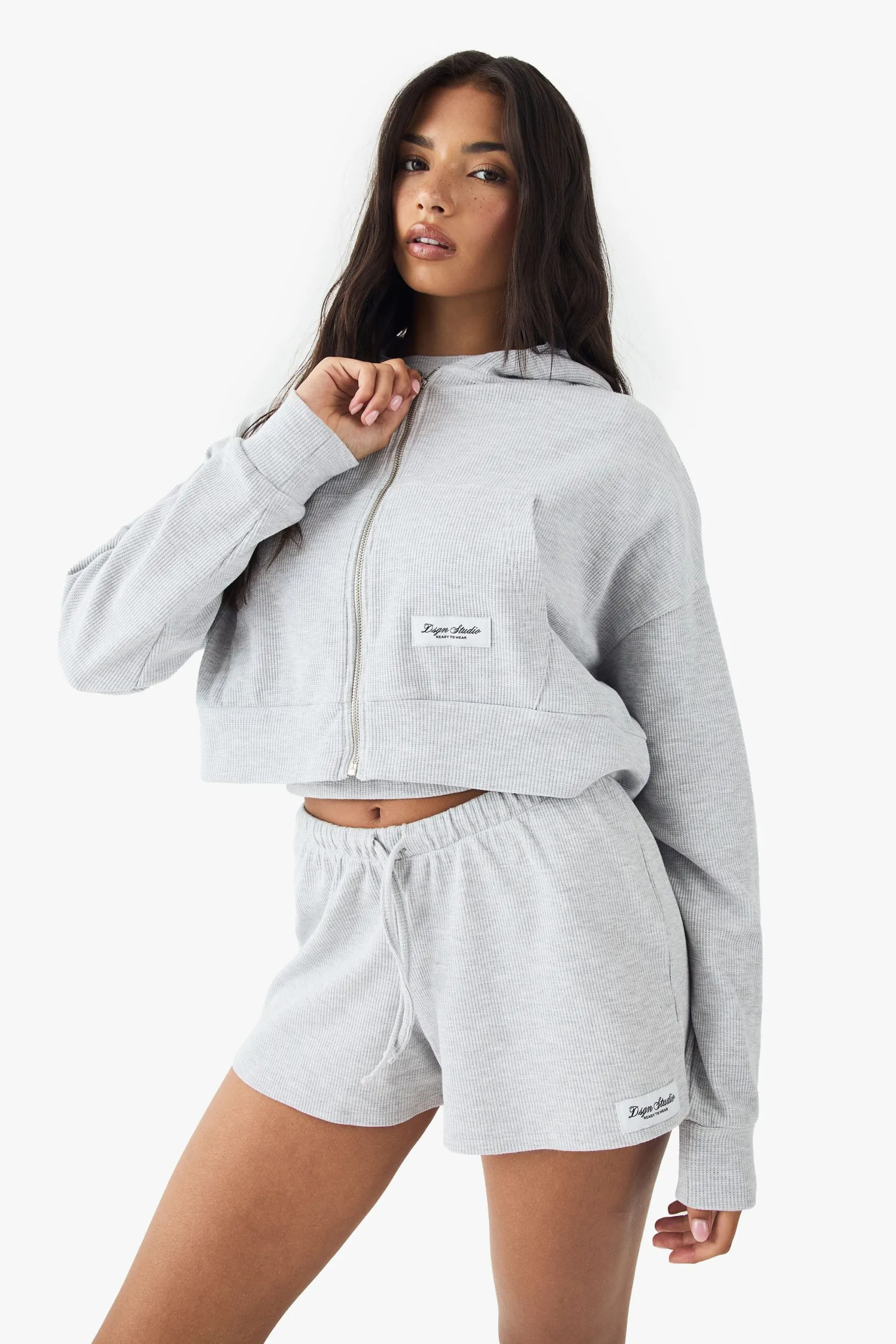 DSGN Studio Waffle Zip Through Boxy Crop Hoodie