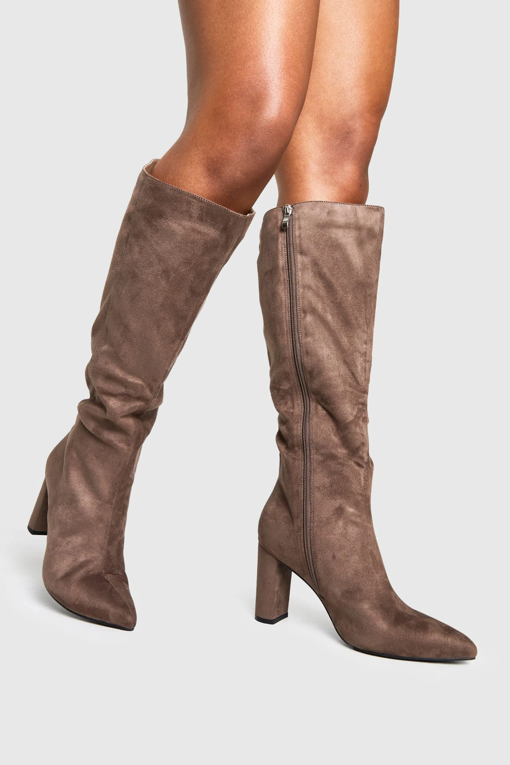Wide Fit Faux Suede Block Heel Knee High Boots