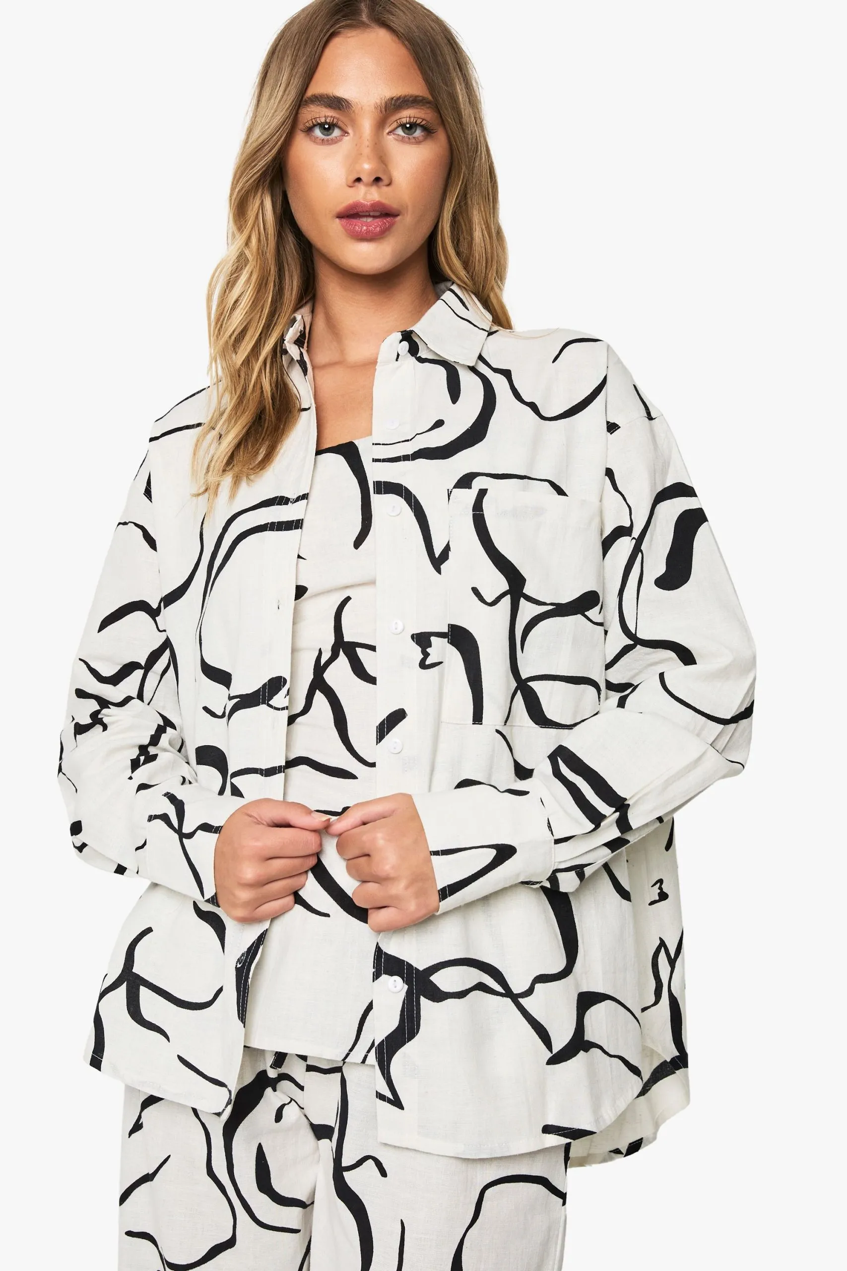 Abstract Floral Linen Look Oversized Shirt