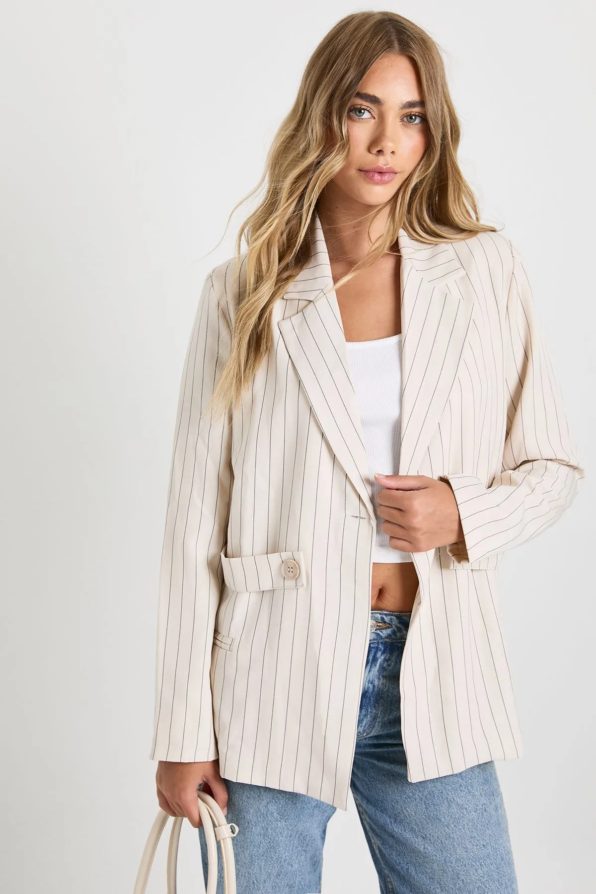 Pinstripe Button Detail Oversized Blazer