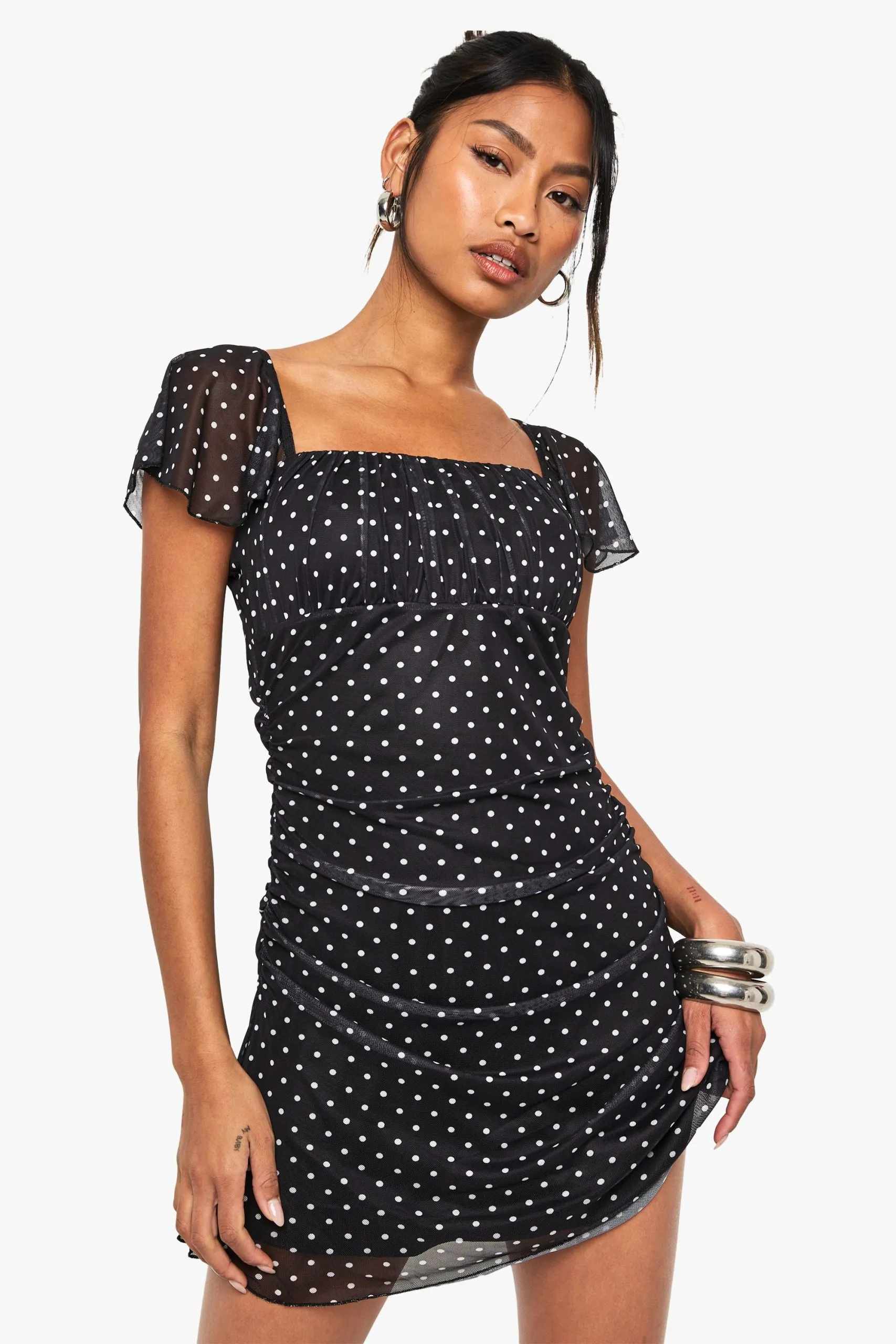 Polka Dot Mesh Ruffle Mini Dress