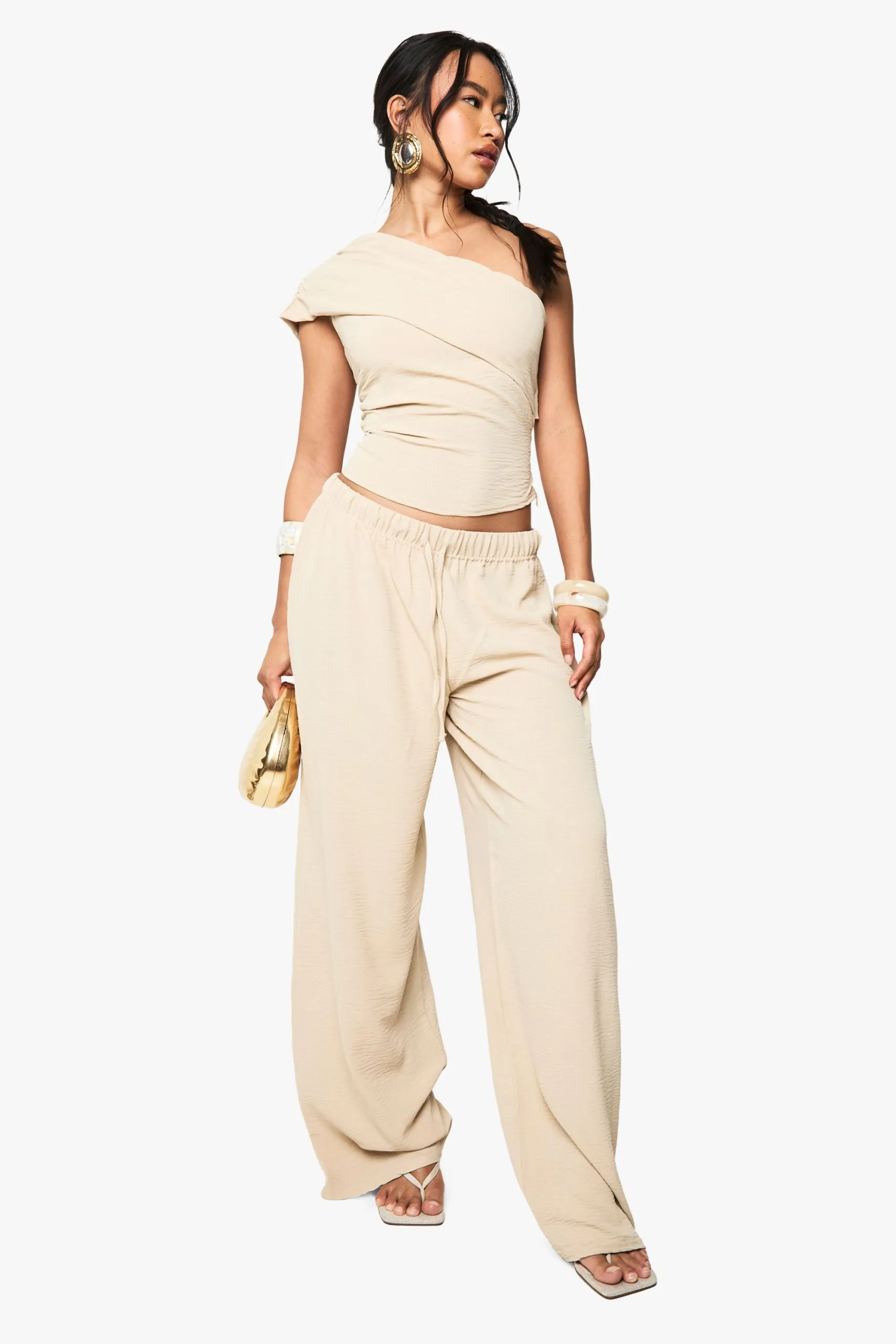Textured One Sleeve Top And Wide Leg Trouser