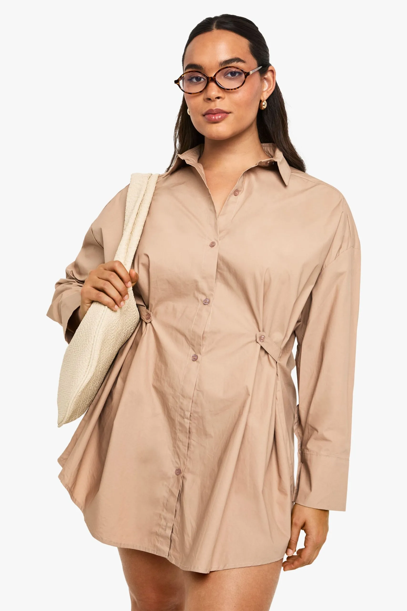Plus Poplin Cinched Button Detail Shirt Dress