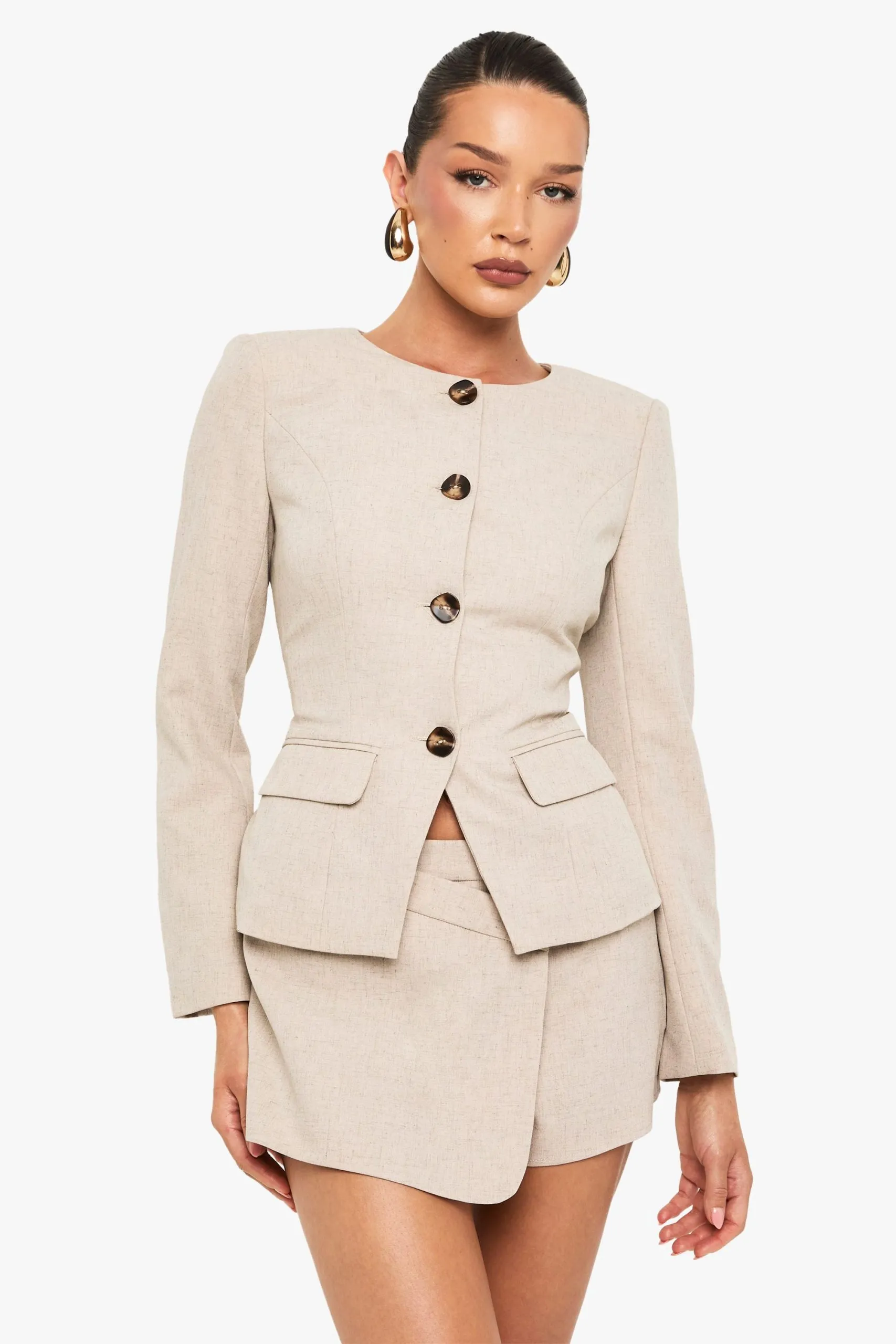 Resin Button Collarless Blazer