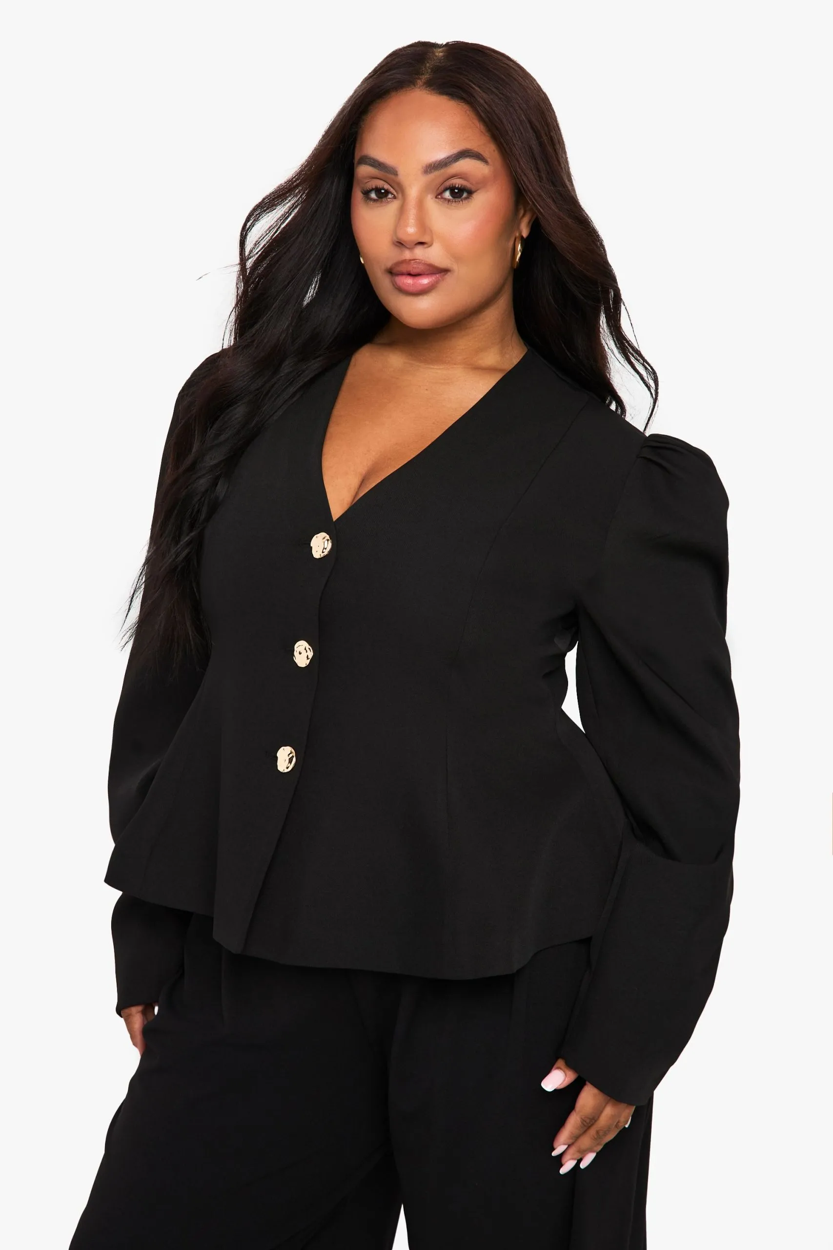 Plus Gold Button Puff Sleeve Blazer