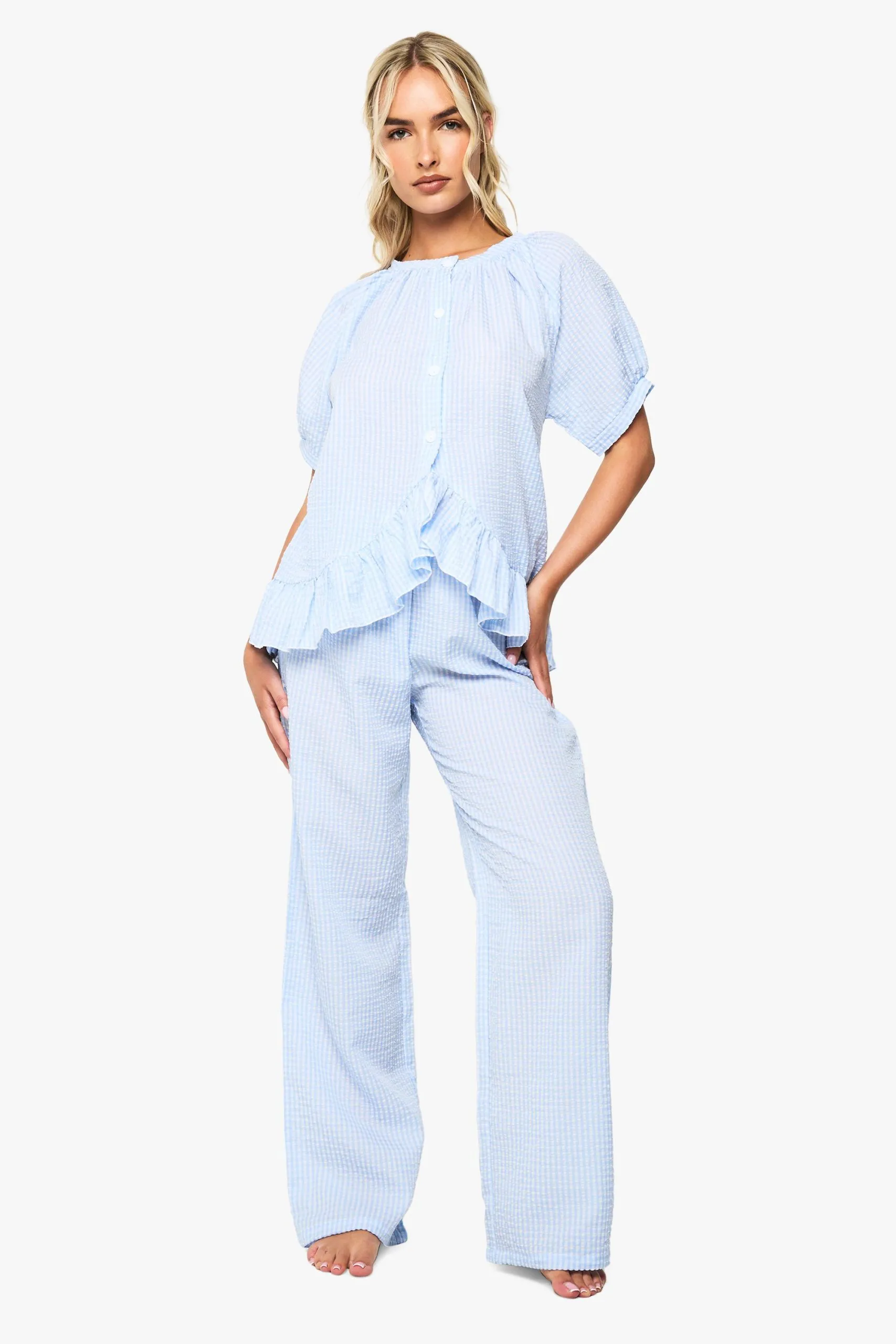 Gingham Oversized Frill Detail Short Sleeve Shirt & Trousers Pyjama Set