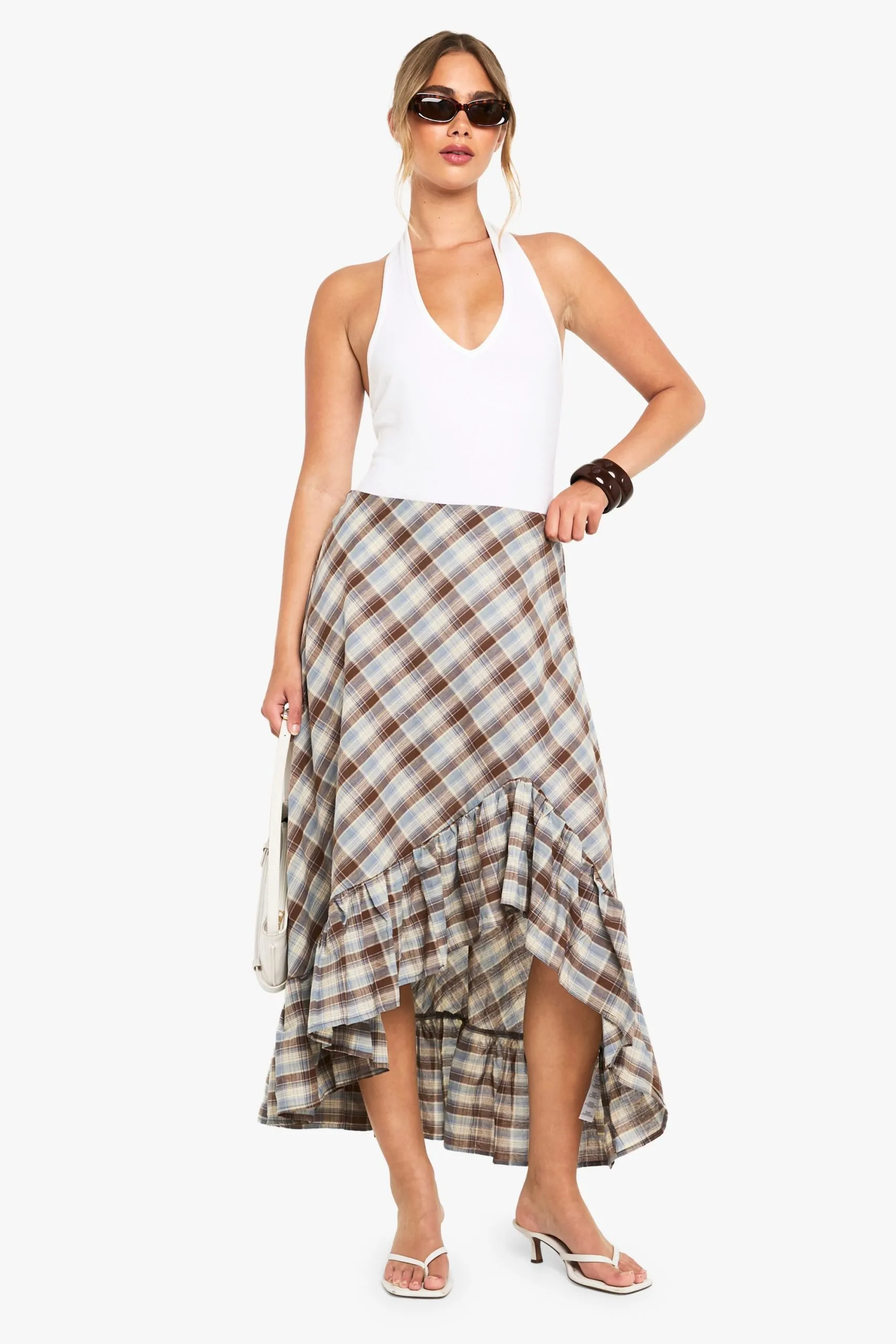 Check Ruffle Asym Midi Skirt