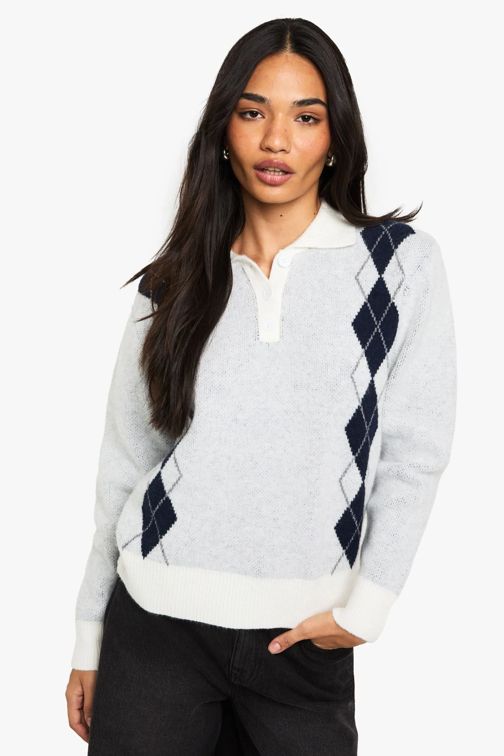 Argyle Soft Knit Button Down Jumper