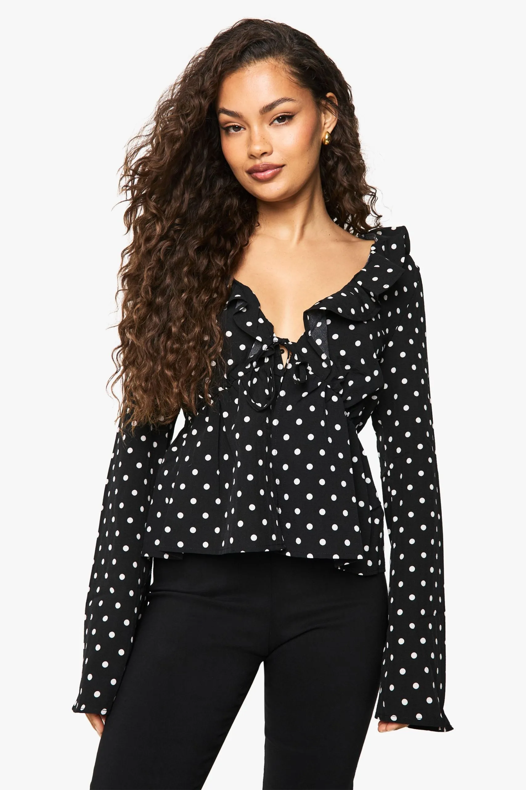 Woven Polka Dot Print Tie Front Top