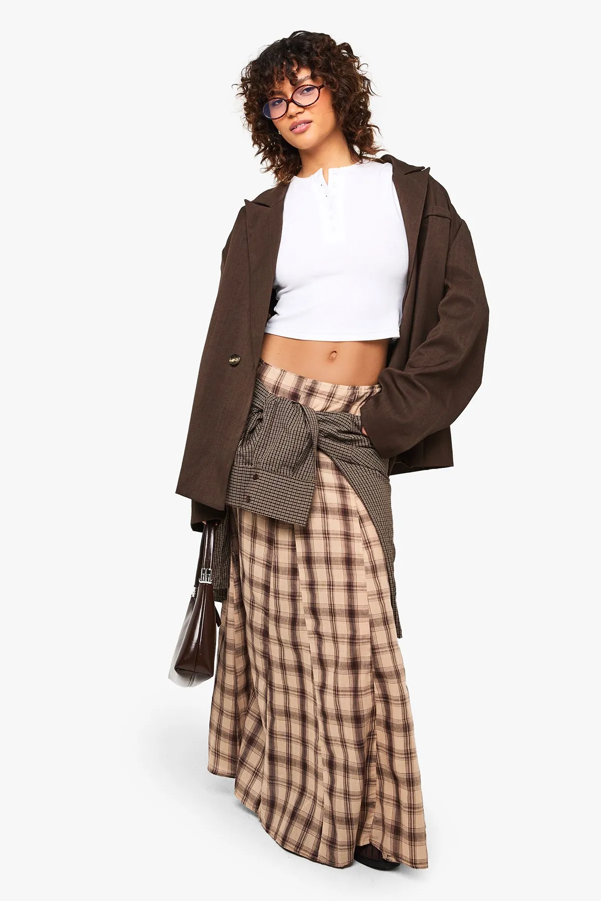 Check Pleated Maxi Skirt