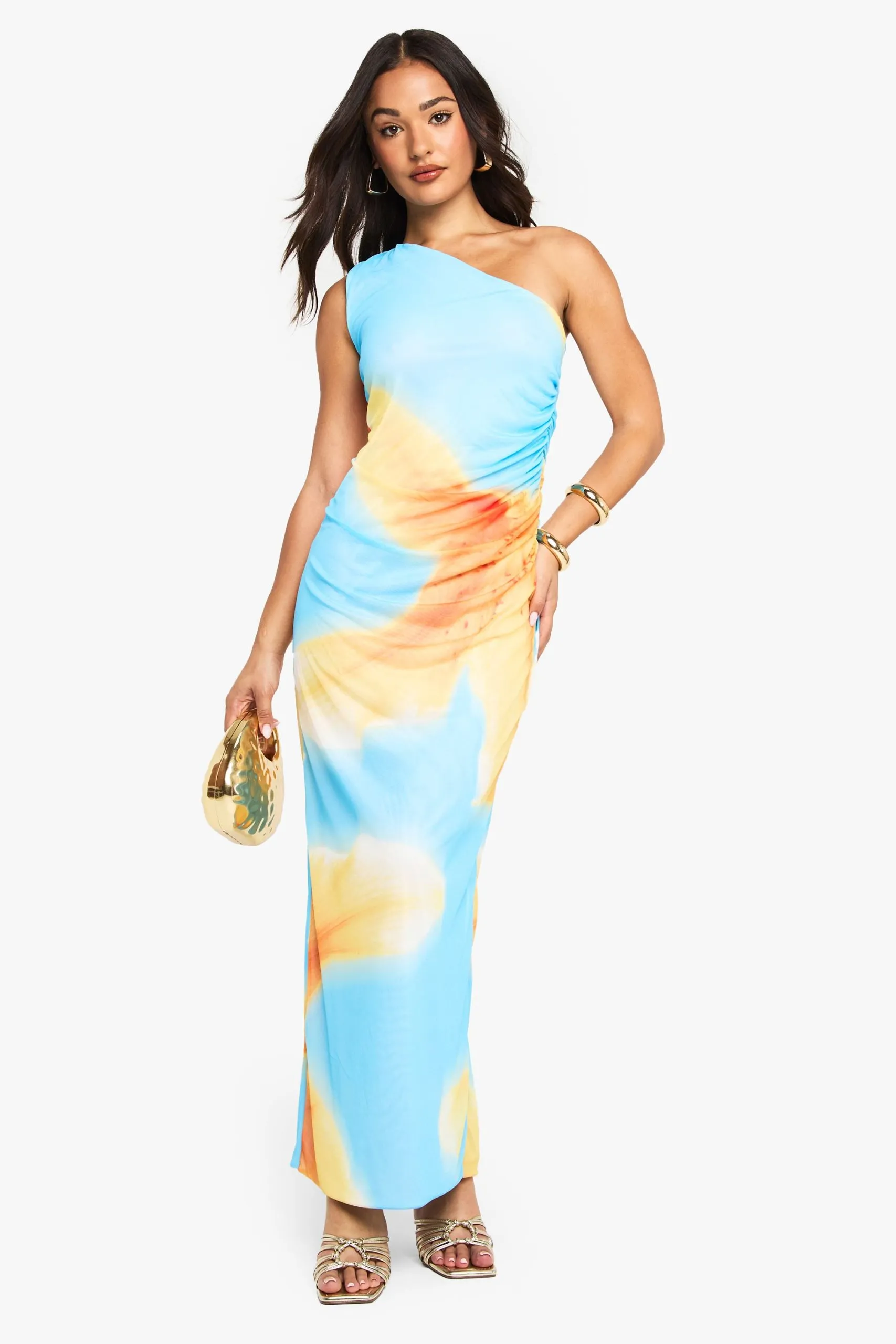 Petite One Shoulder Floral Print Mesh Dress