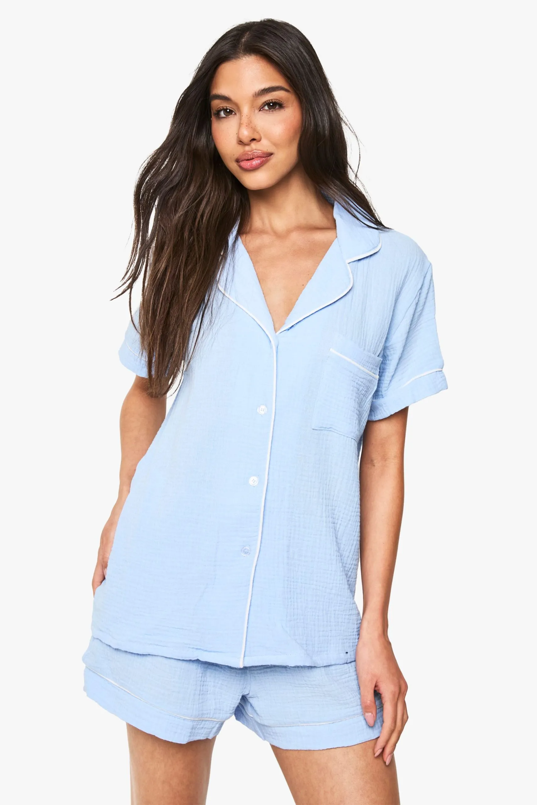Bridal Something Blue Cheesecloth Piping Detail Short Sleeve Shirt & Shorts Pyjama Set
