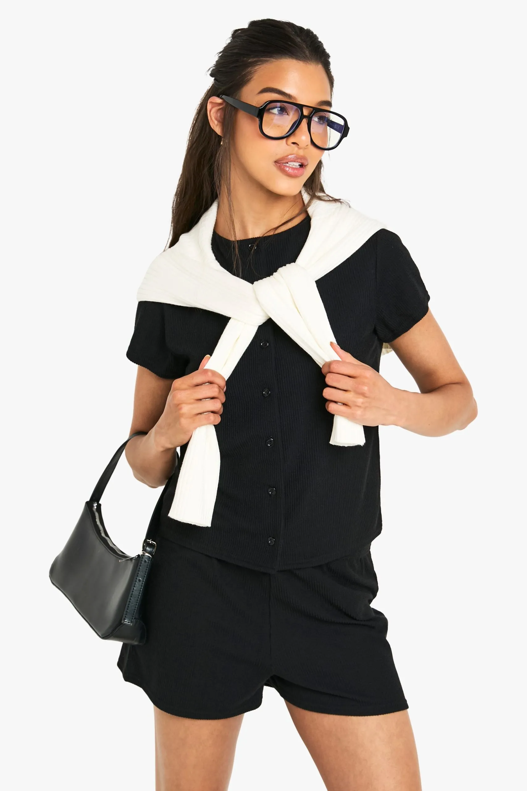 Rib Short Sleeve Button Through Top And Short Set