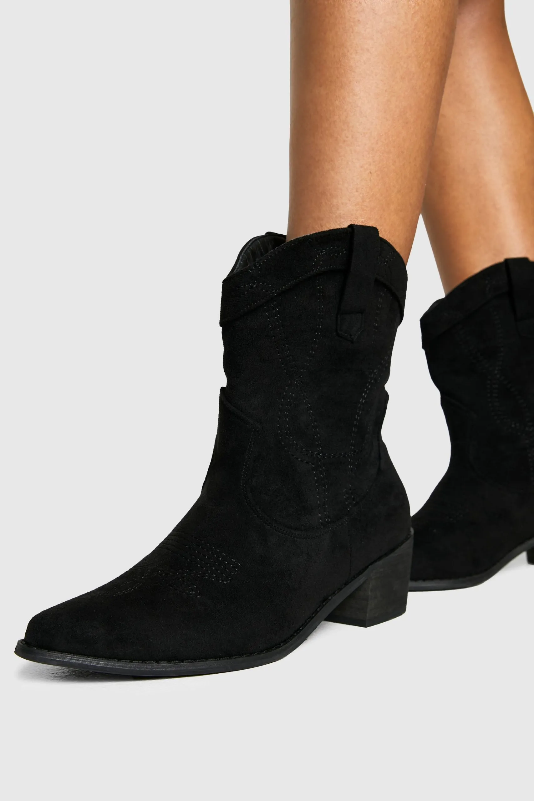 Wide Fit Faux Suede Stitch Detail Ankle Western Cowboy Boots
