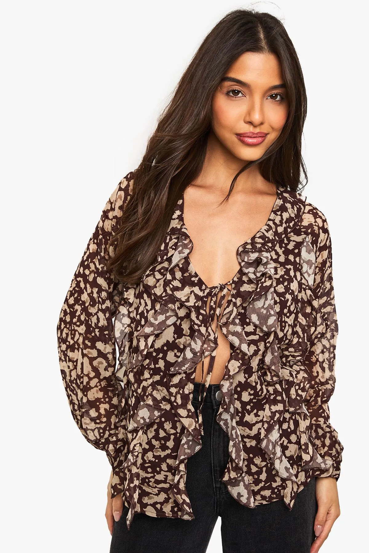 Abstract Print Chiffon Ruffle Blouse