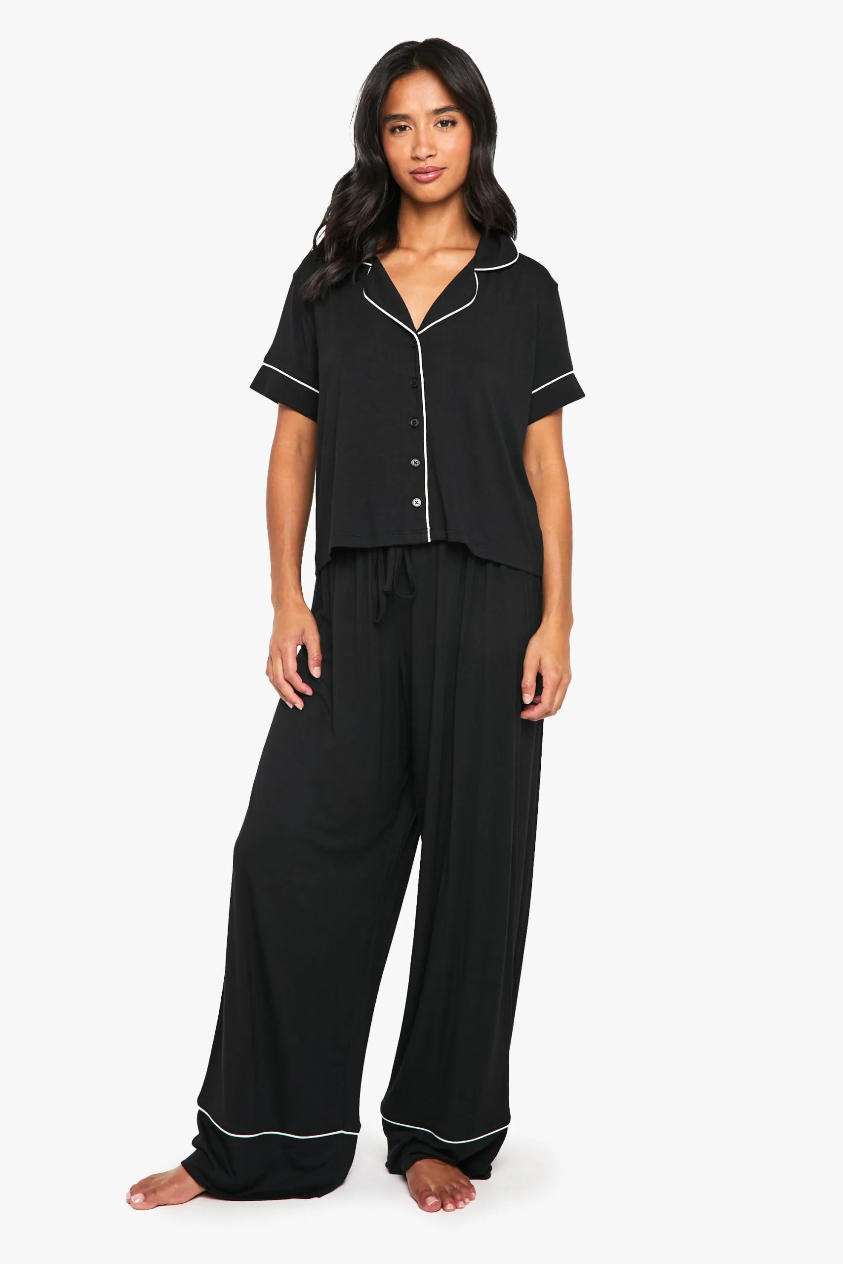 Petite Premium Modal Piping Detail Short Sleeve Shirt & Trousers Pyjama Set