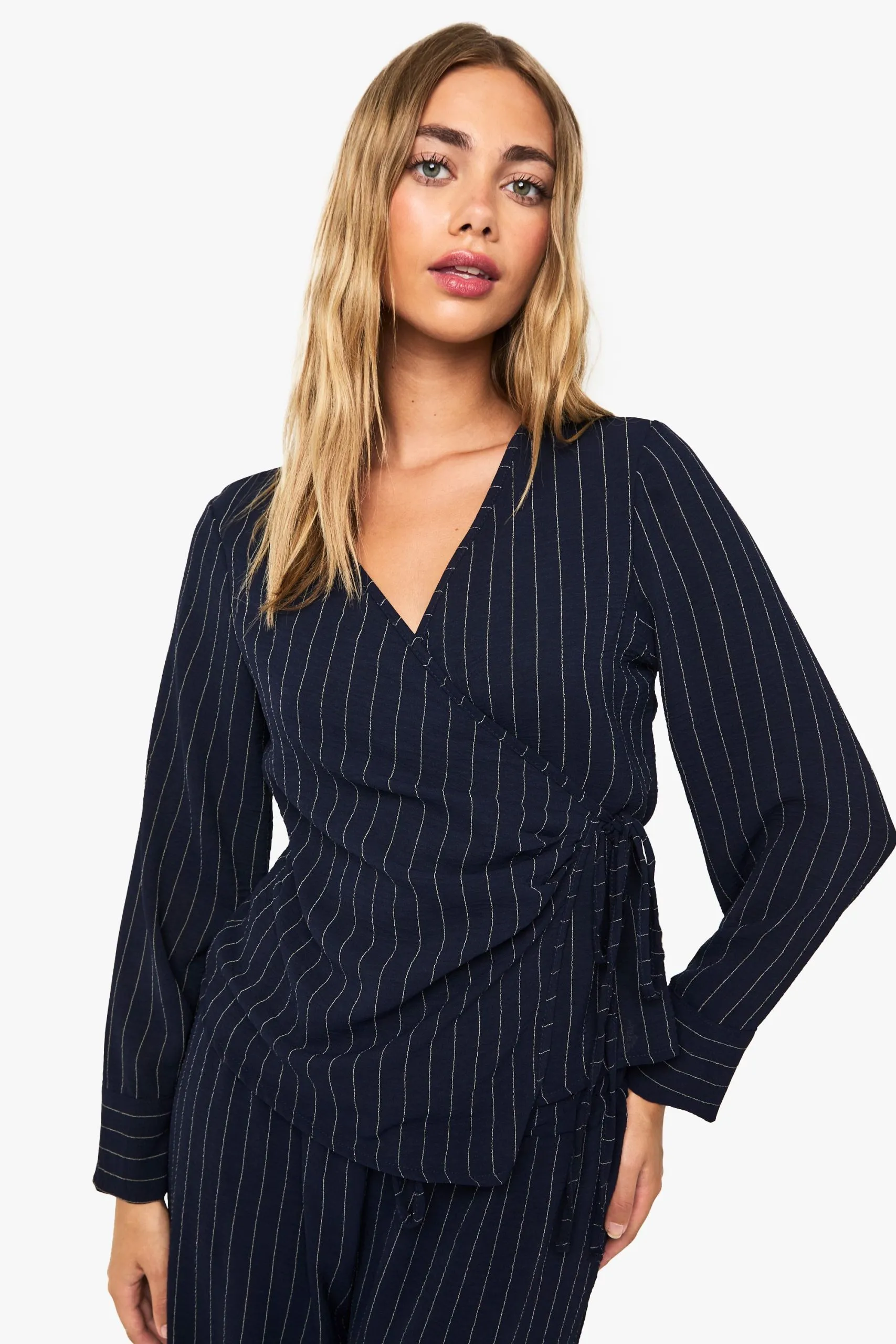 Woven Striped Wrap Tie Detail Top