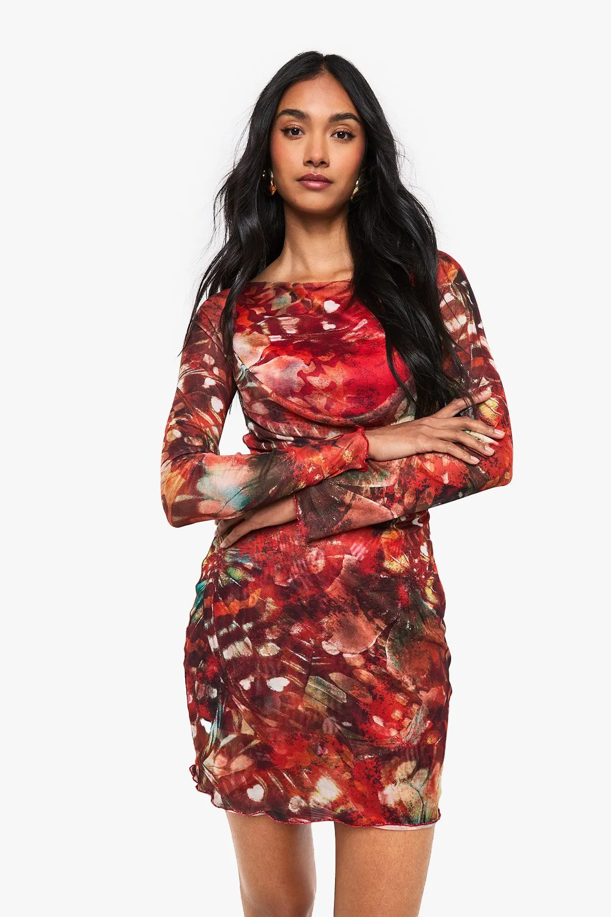 Abstract Mesh Cowl Detail Mini Dress