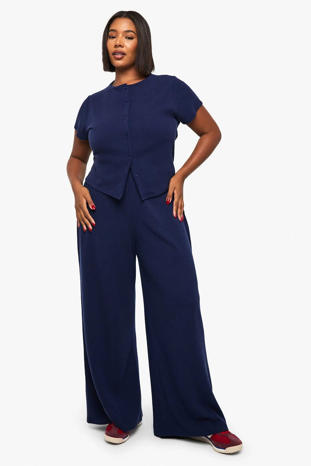 Plus Crinkle Rib Button Through Cap Sleeve Top and Trouser Set