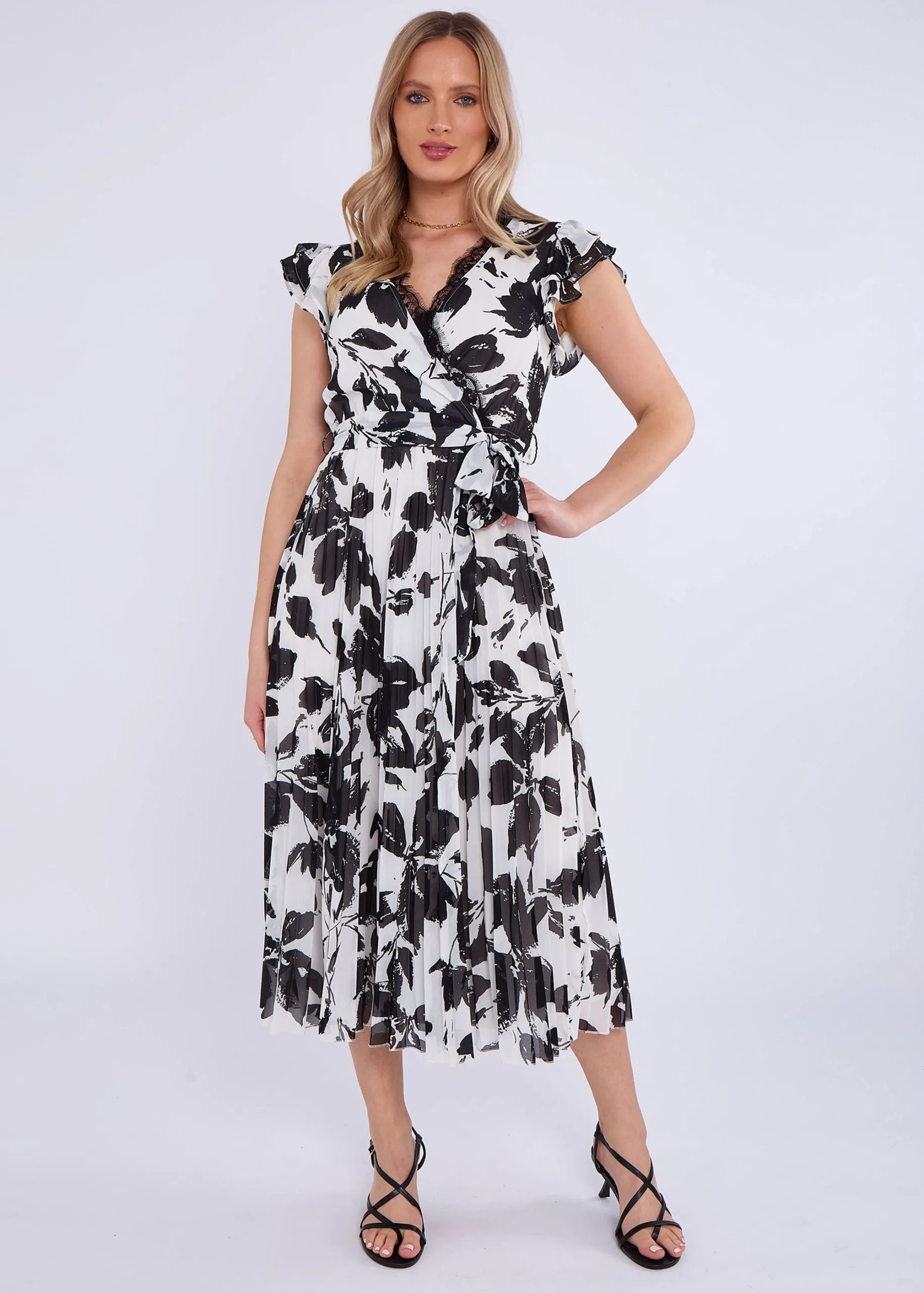 Lace Trim Mono Pleated Wrap Midi Dress