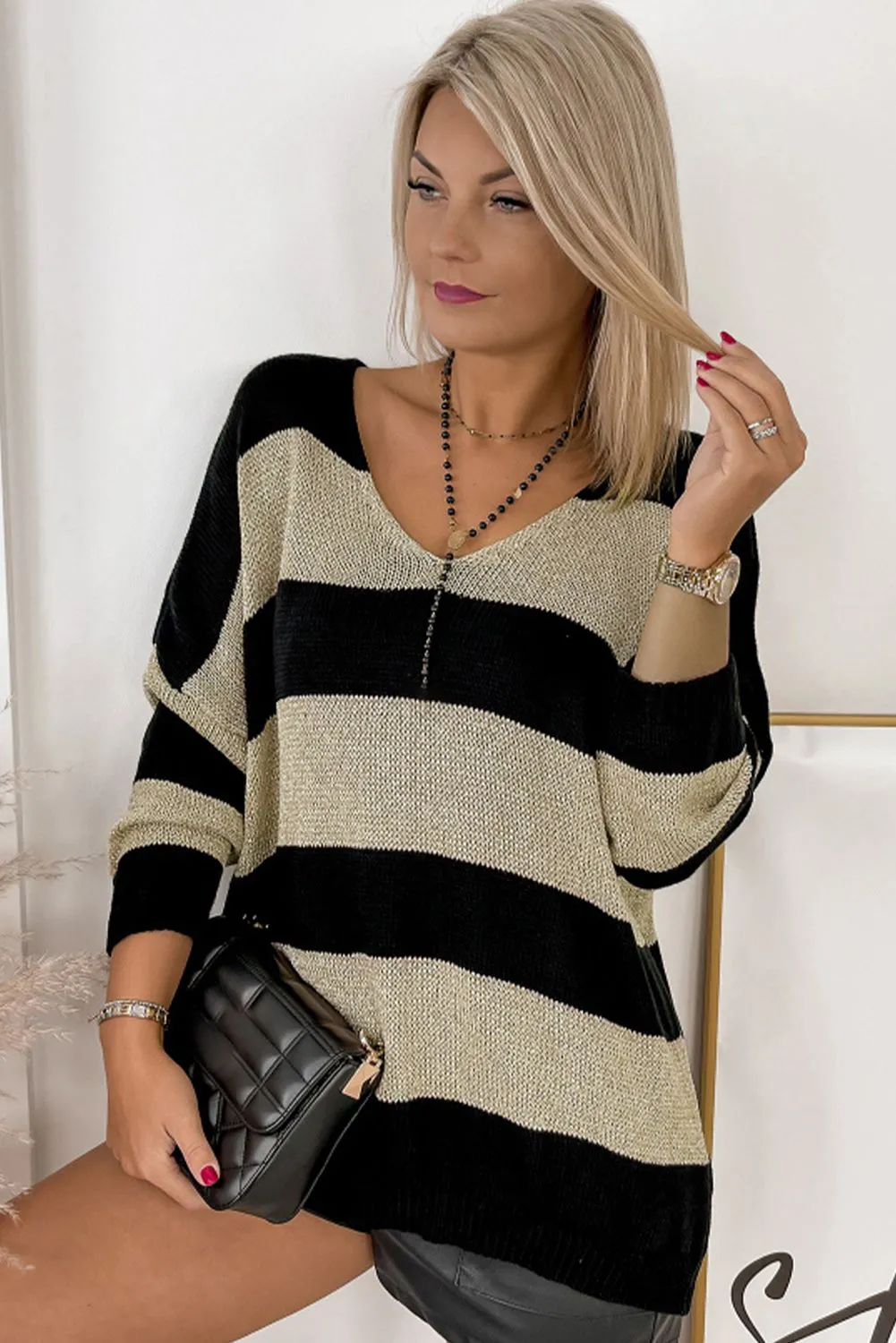 Black Striped V Neck Sweater