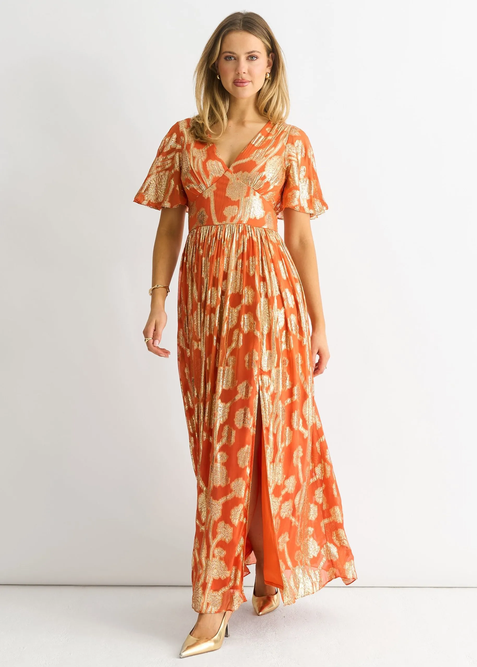 Orange Metallic Jacquard Flutter Sleeves Maxi Dress