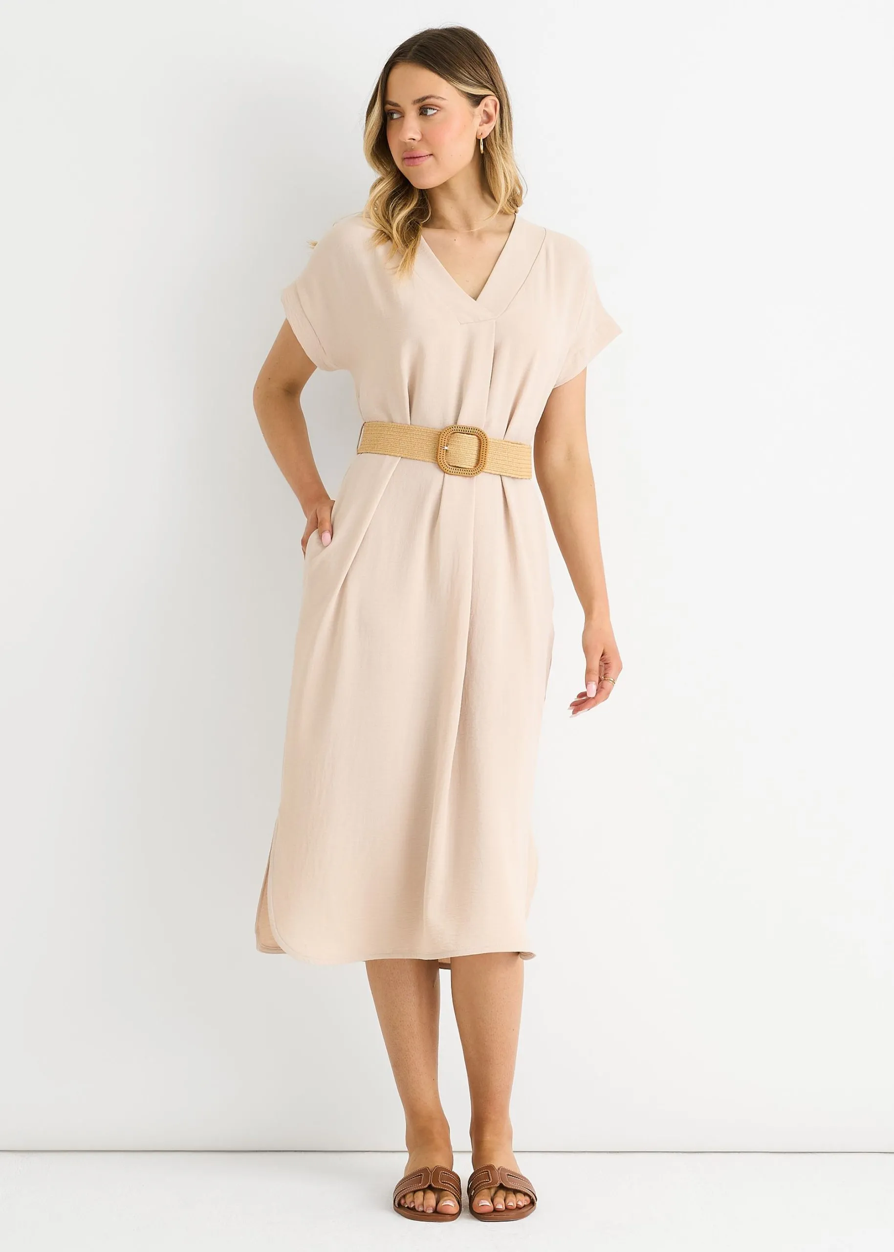 Beige Air Flow Belted Oversized Dress