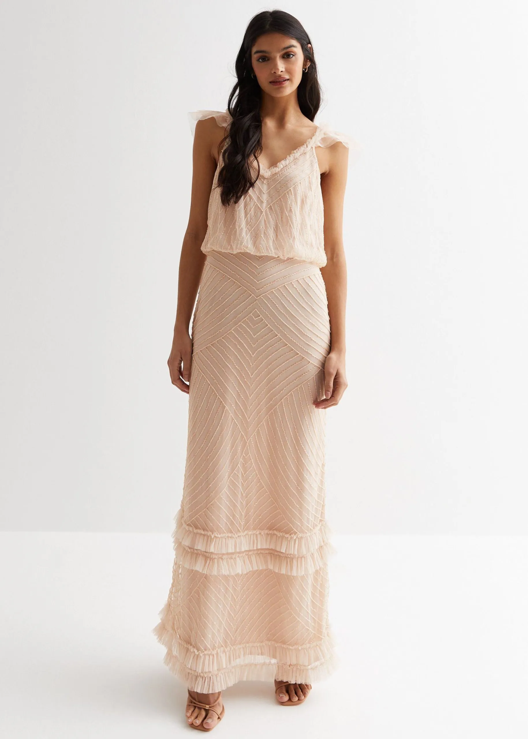 Nude Beaded Ruffle Maxi Dress