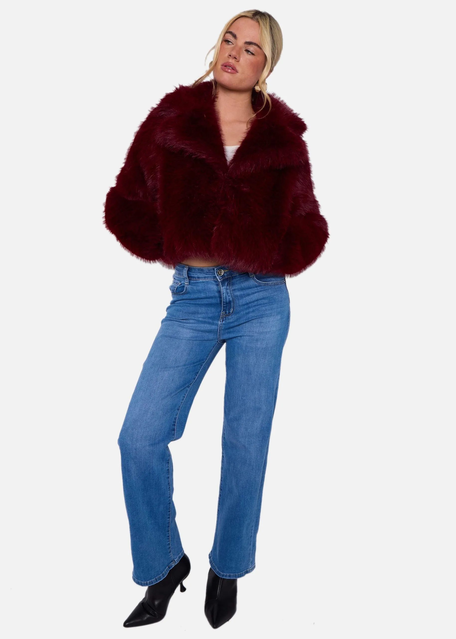 Burgundy Faux Fur Collar Detail Crop Jacket