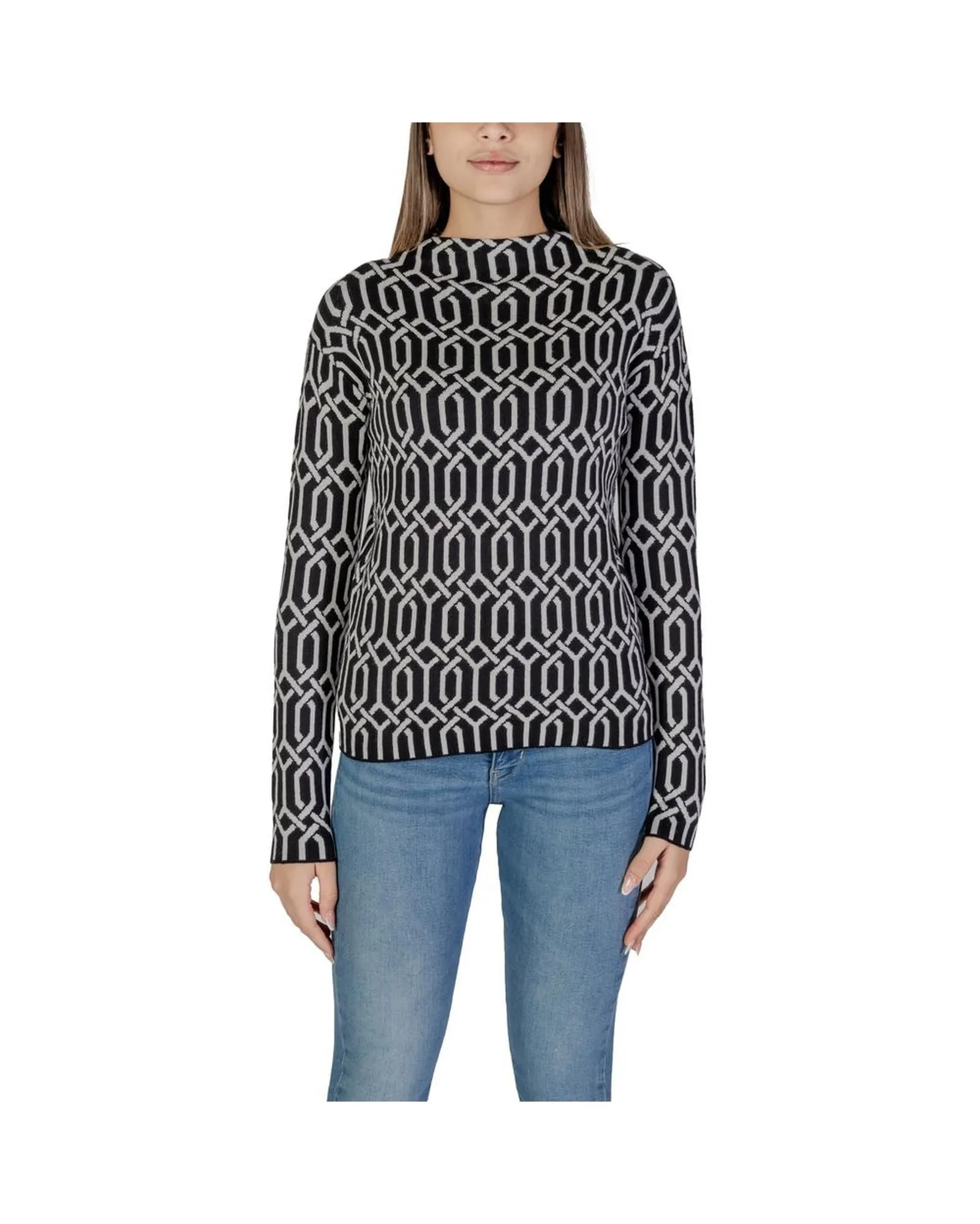 Geometric Knit Mock Neck Sweater- Black