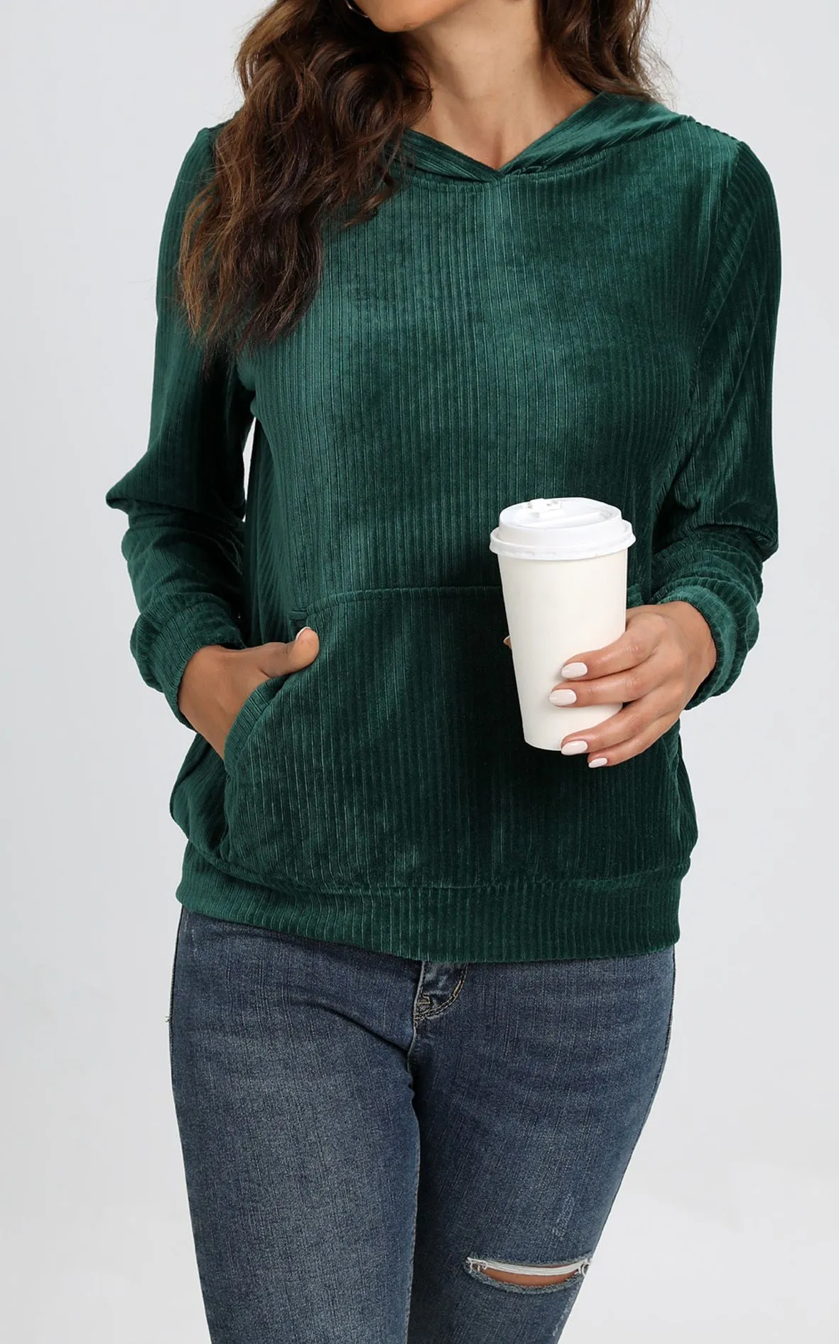 Velvet Hoodie Top With Pocket In Green